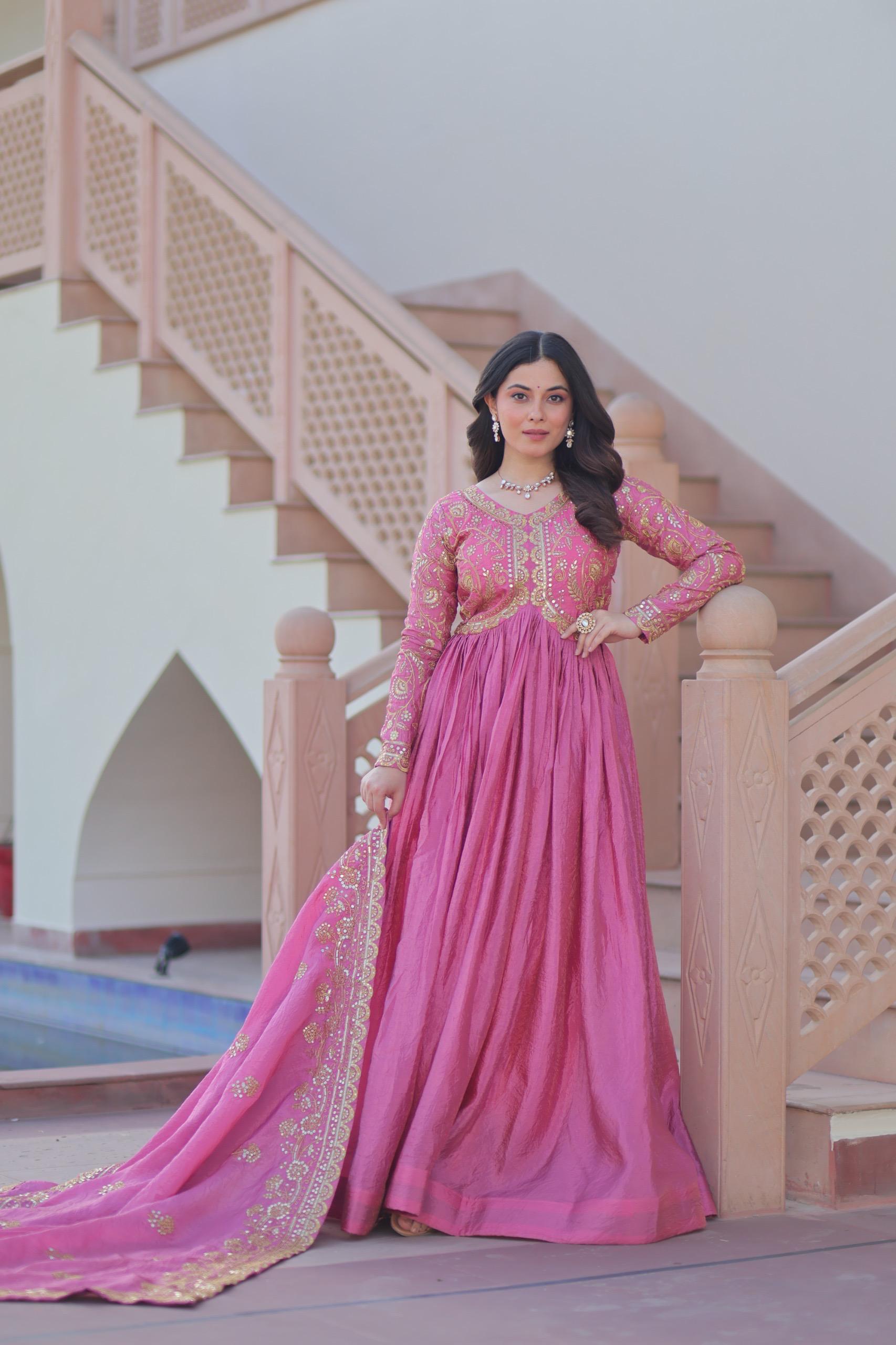 Gold Crush Fabric Embroidered Gown Set with Matching Dupatta