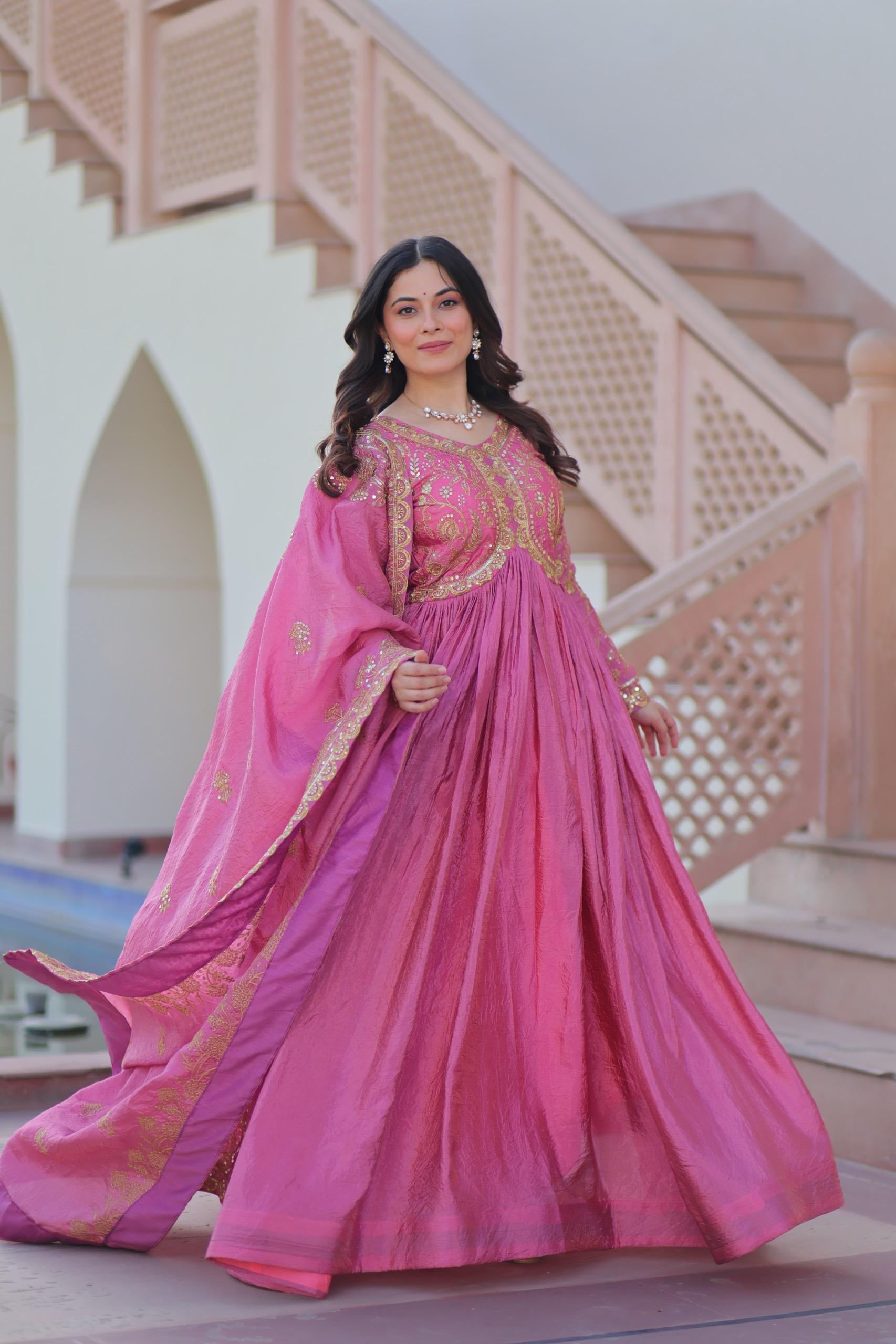 Gold Crush Fabric Embroidered Gown Set with Matching Dupatta