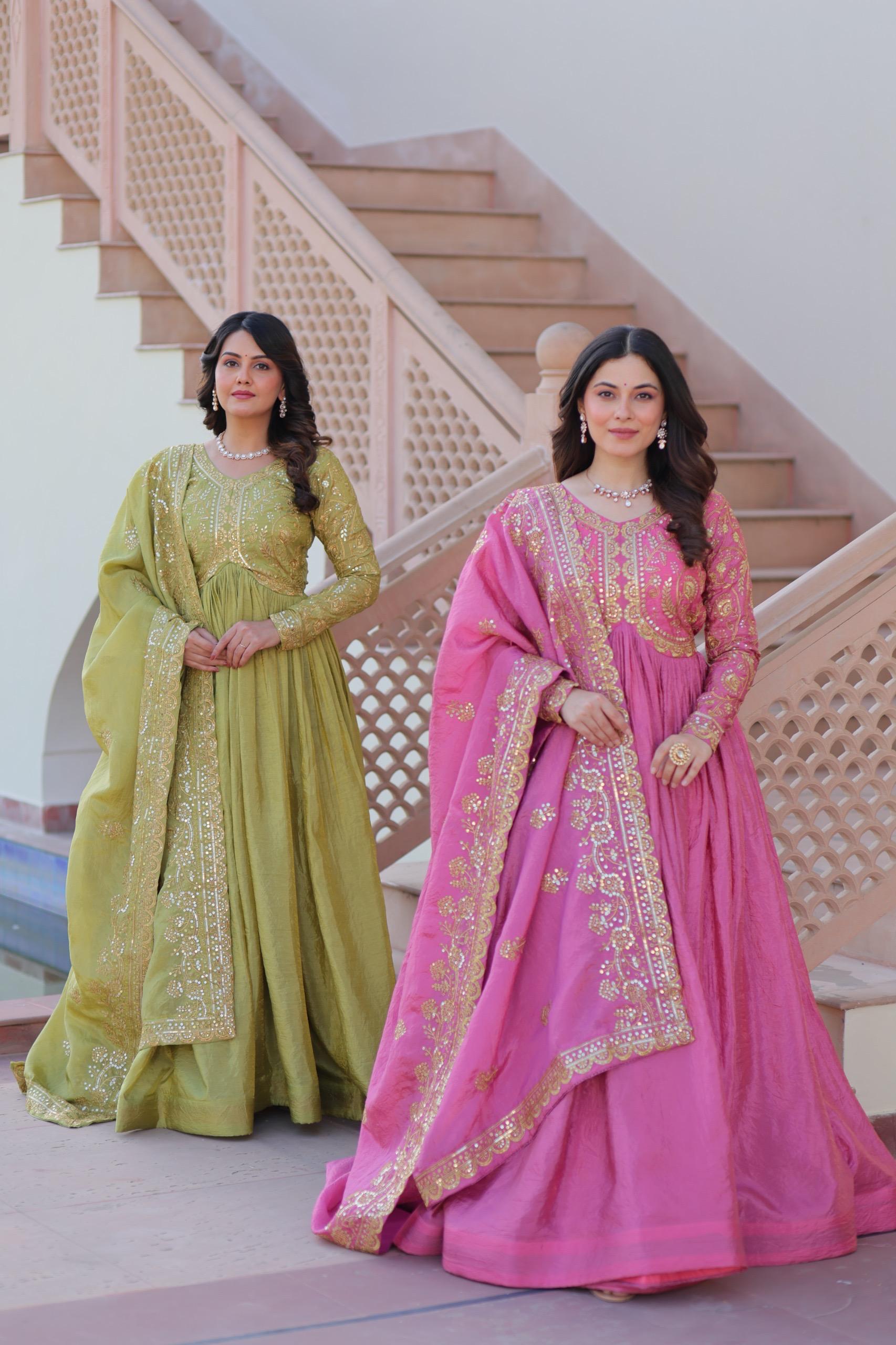 Gold Crush Fabric Embroidered Gown Set with Matching Dupatta