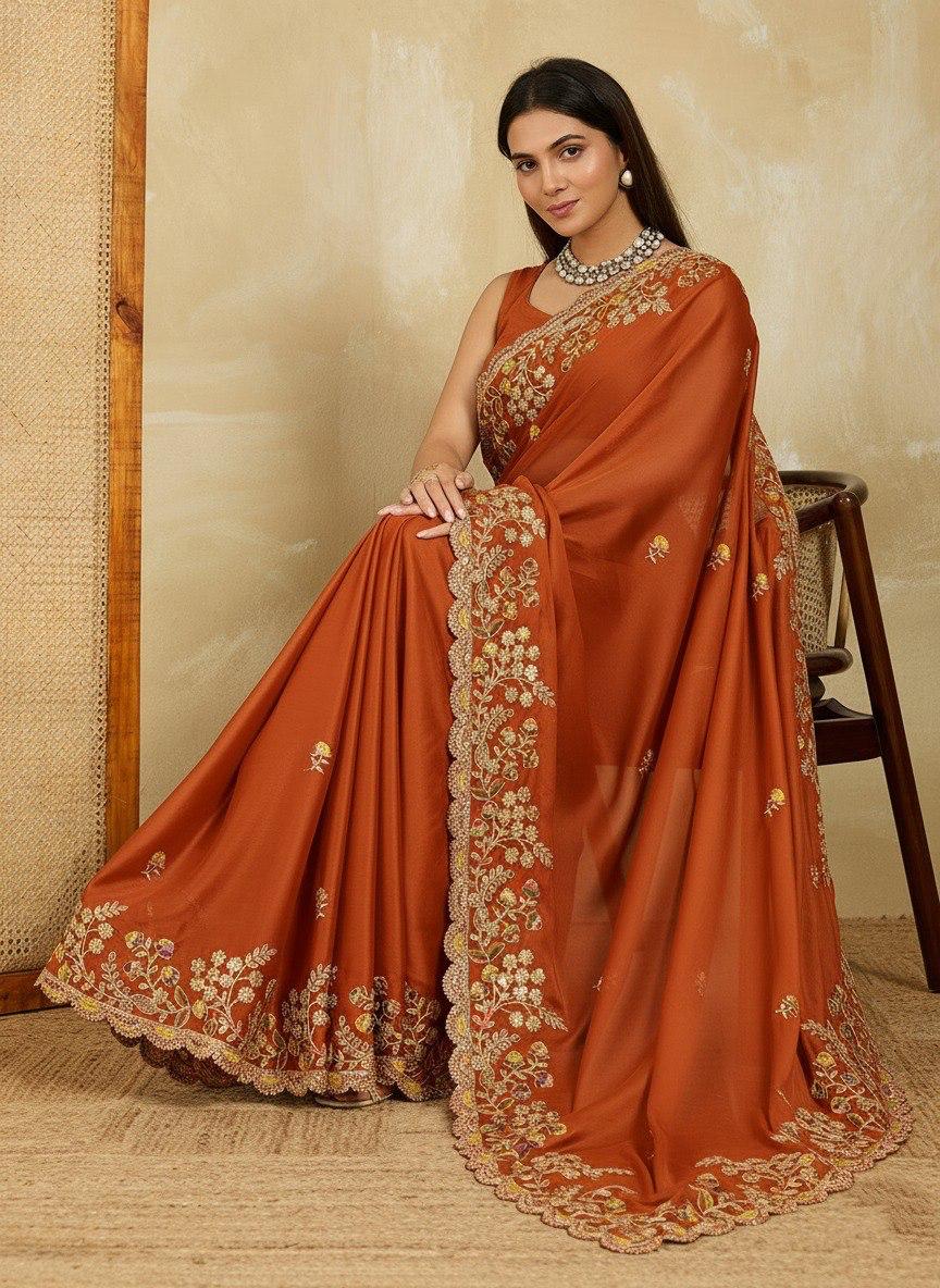 Rangoli Silk Embroidered Saree with Cutwork Border