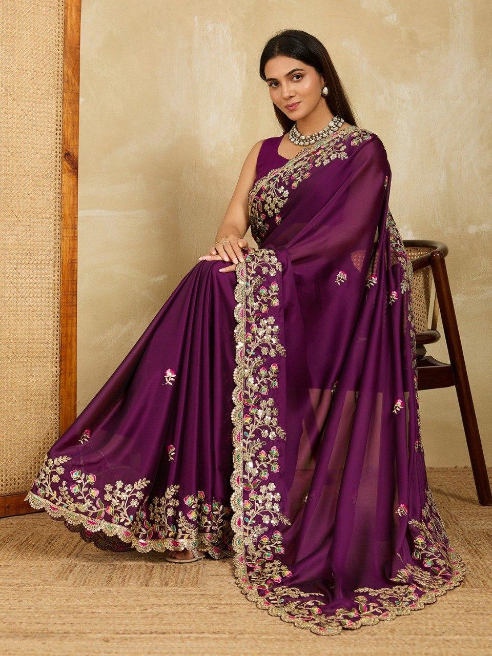 Rangoli Silk Embroidered Saree with Cutwork Border