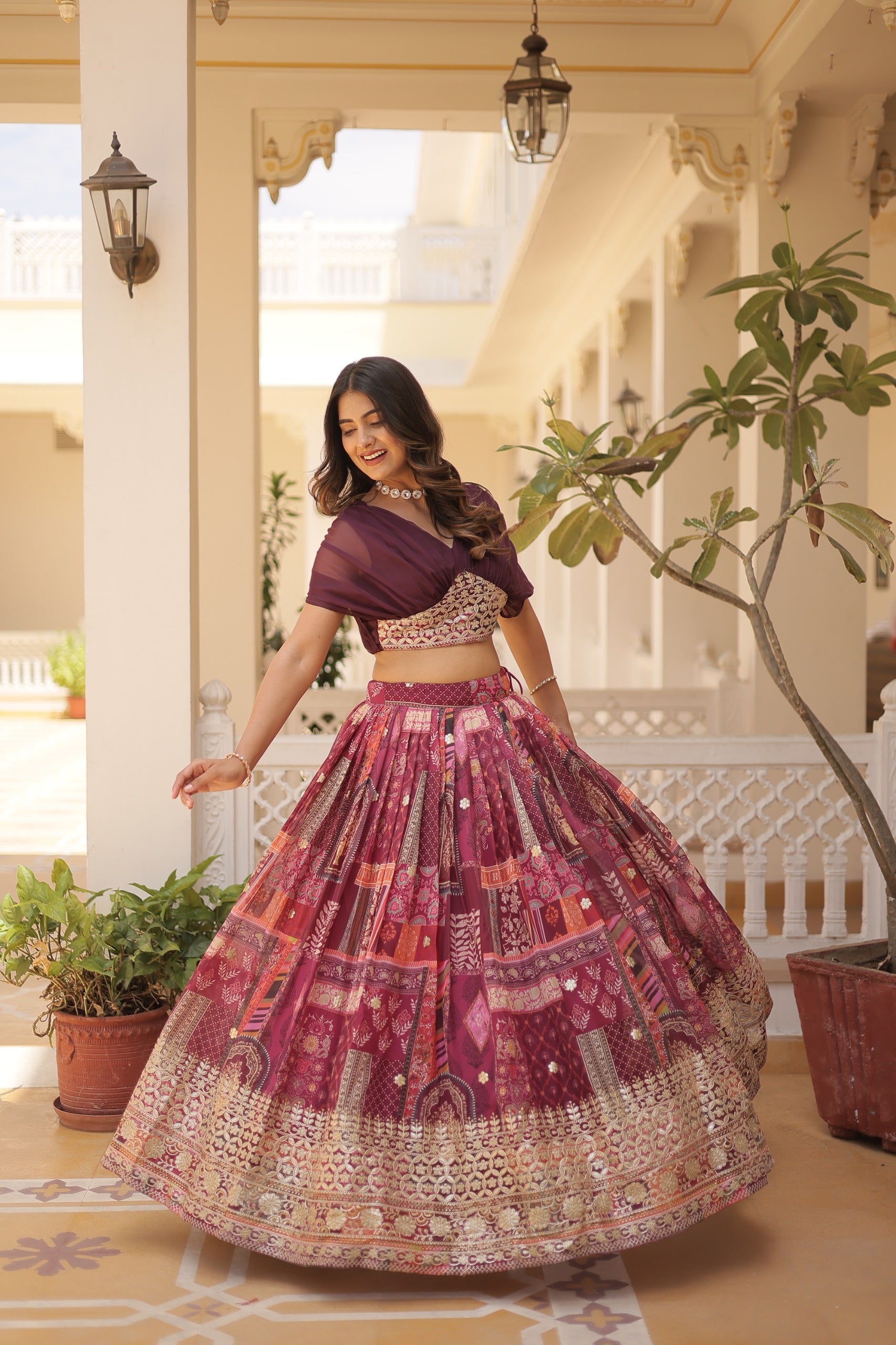 Russian Silk Wine Lehenga Choli Set