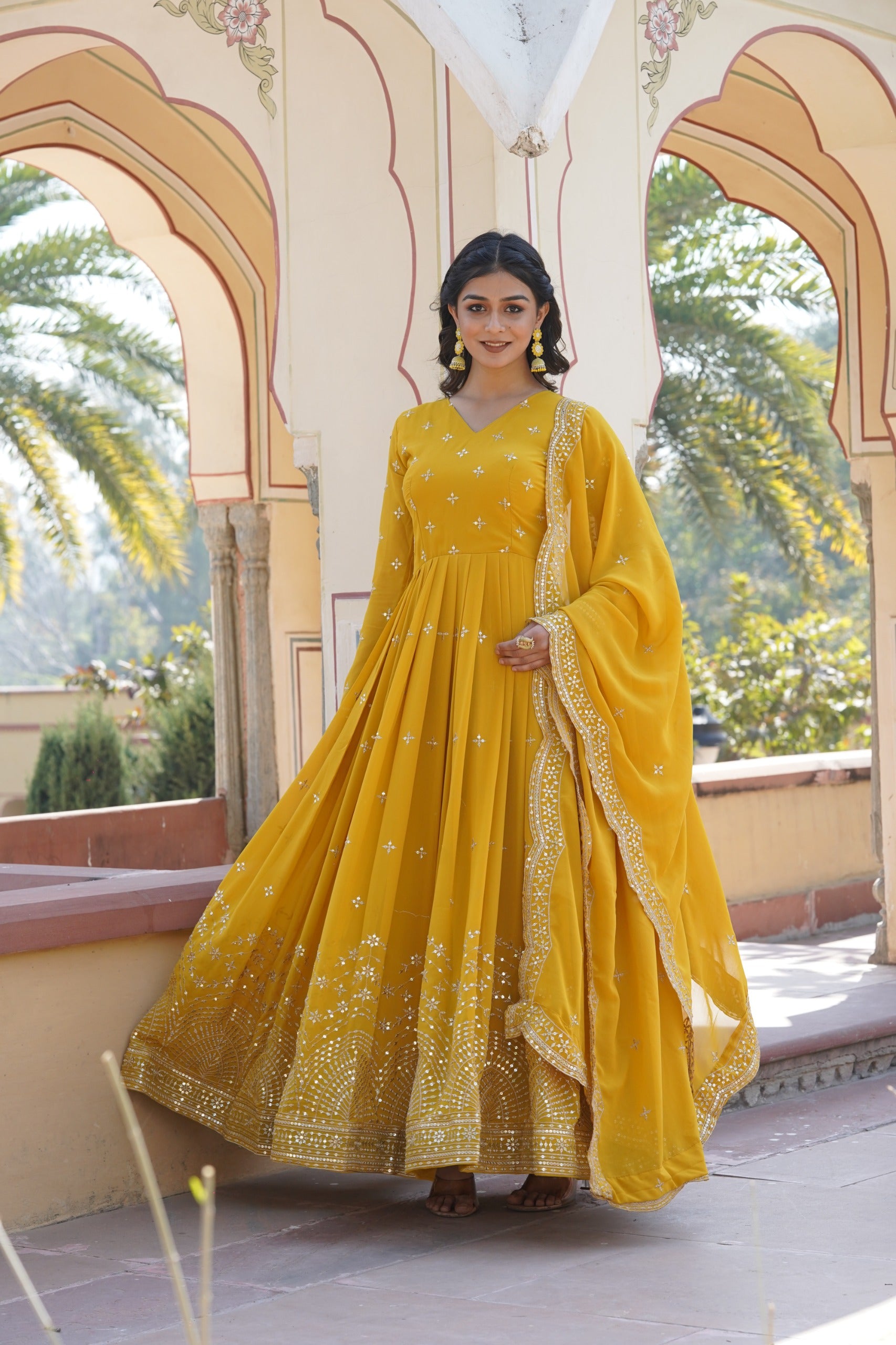 Elegant Faux Georgette Embroidered Gown with Dupatta