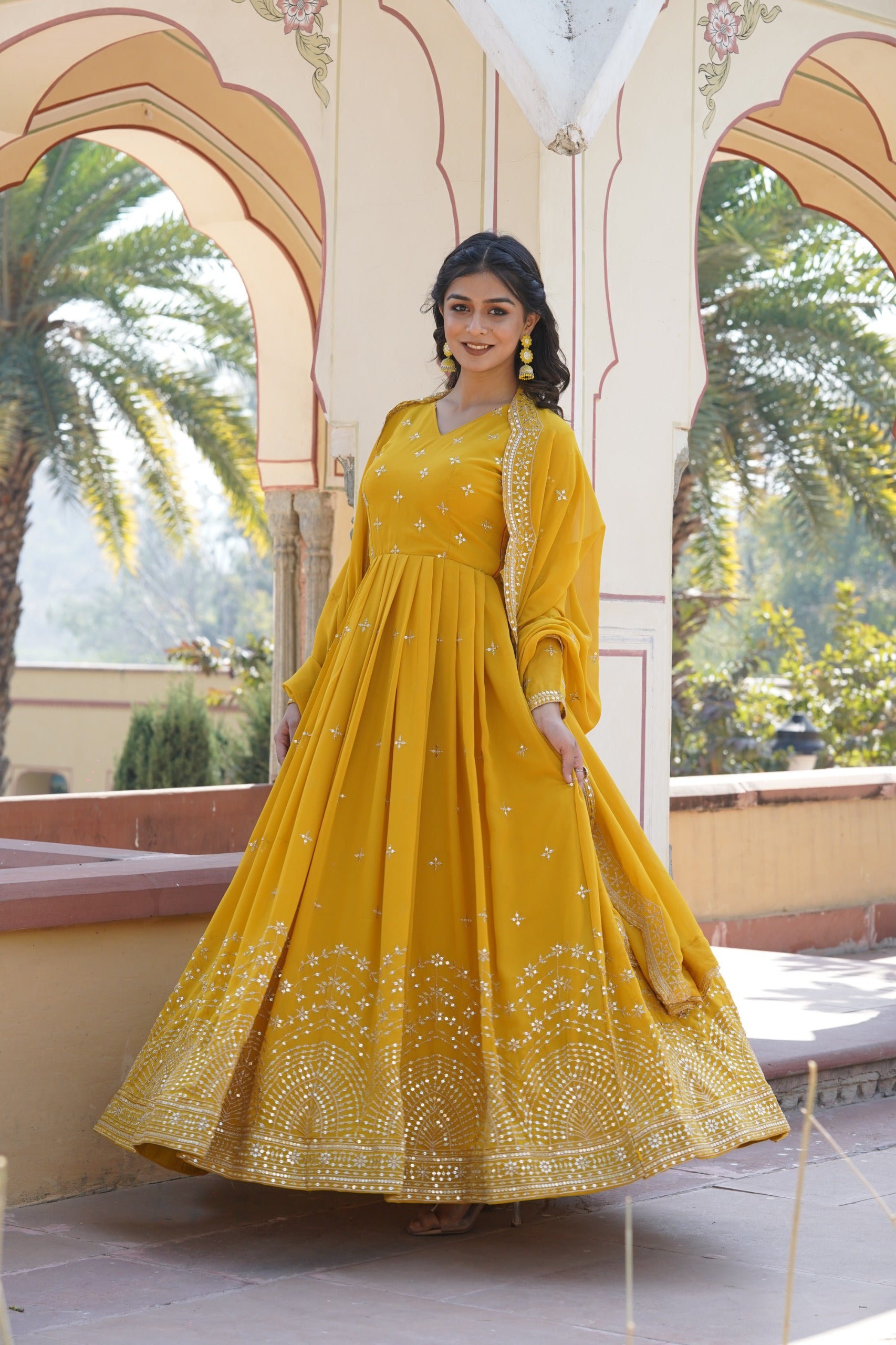 Elegant Faux Georgette Embroidered Gown with Dupatta