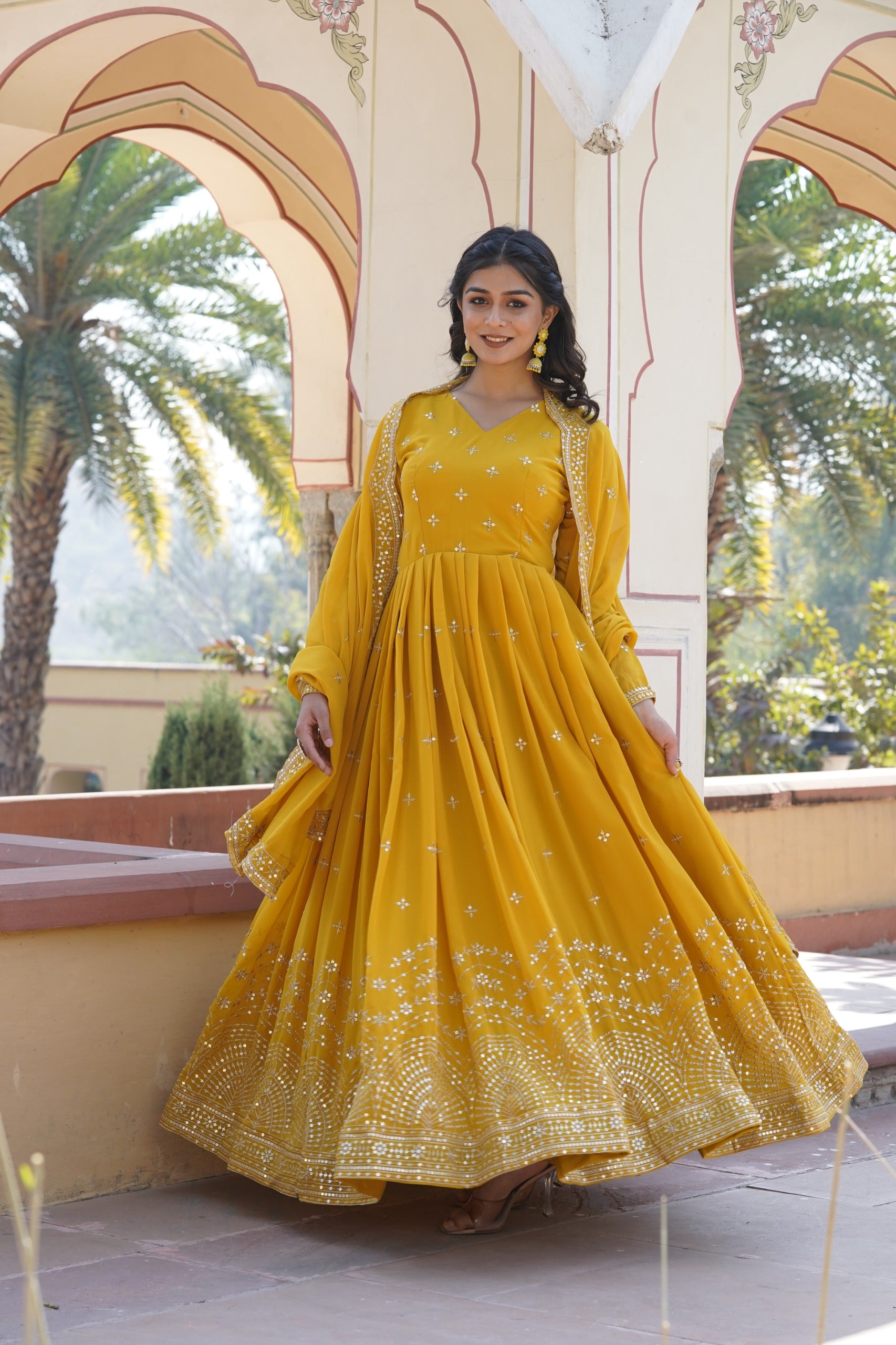 Elegant Faux Georgette Embroidered Gown with Dupatta