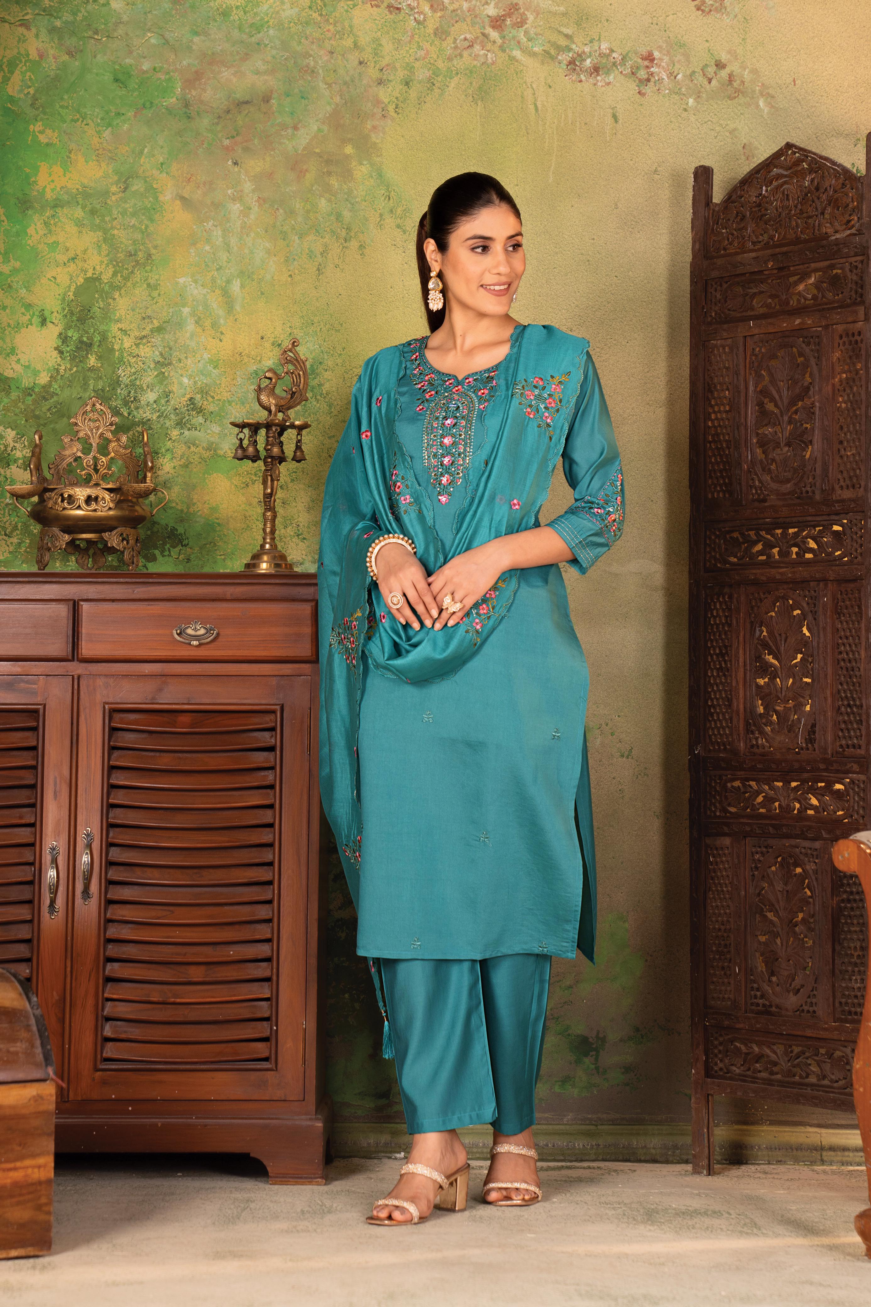Premium Roman Silk Kurti Set with Chanderi Dupatta & Embroidery Work