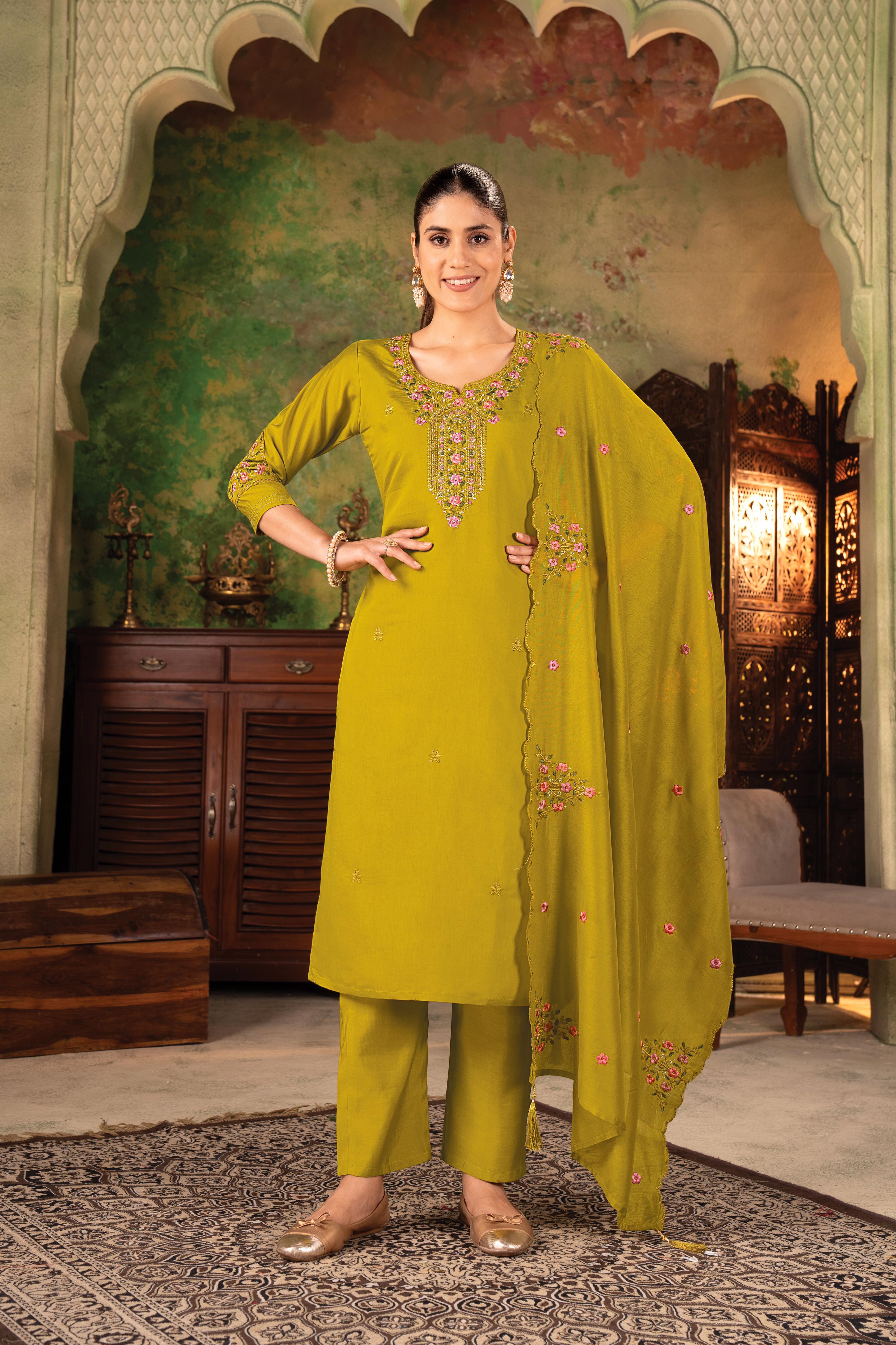Premium Roman Silk Kurti Set with Chanderi Dupatta & Embroidery Work
