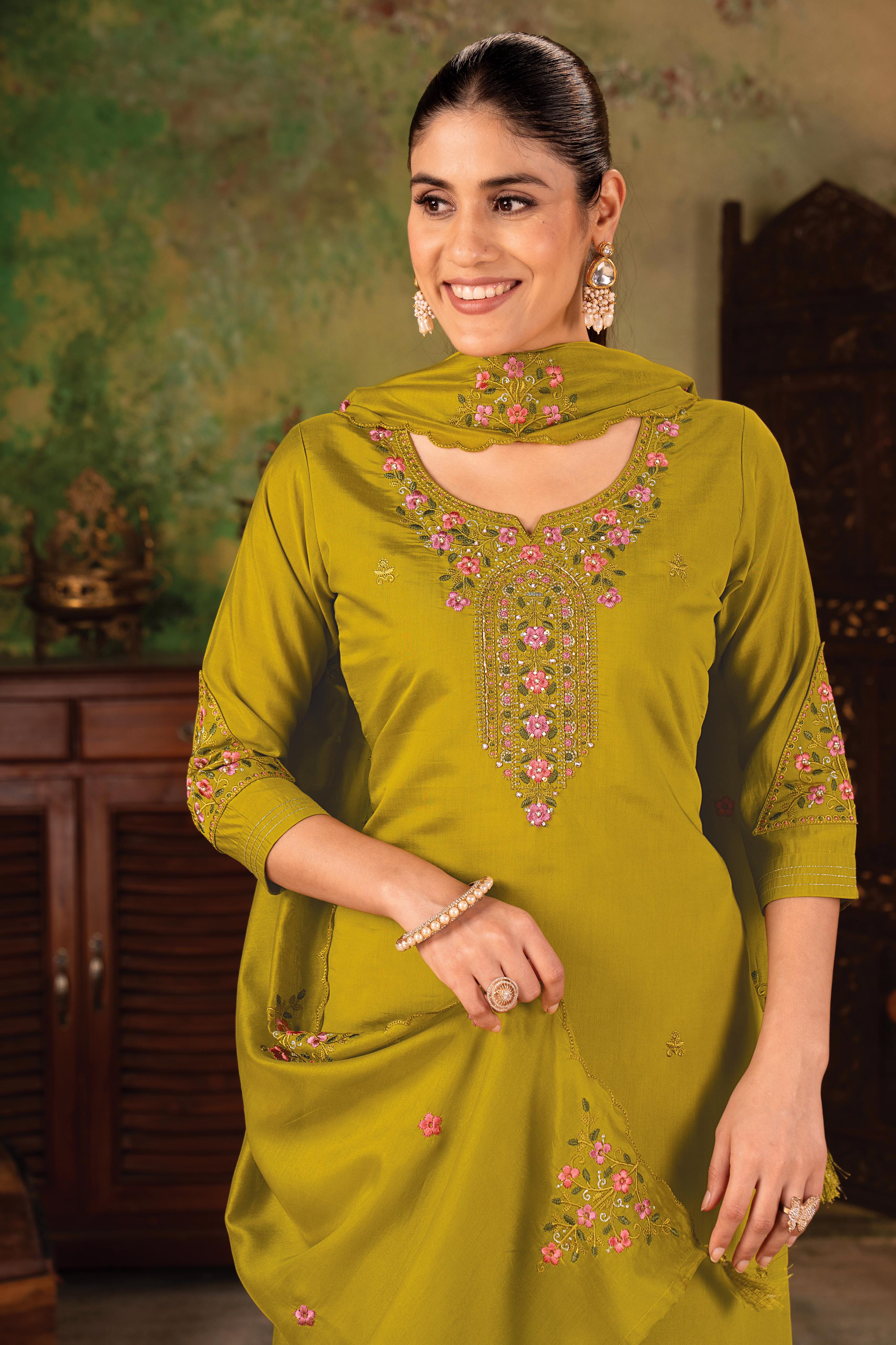 Premium Roman Silk Kurti Set with Chanderi Dupatta & Embroidery Work