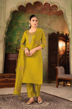 Premium Roman Silk Kurti Set with Chanderi Dupatta & Embroidery Work