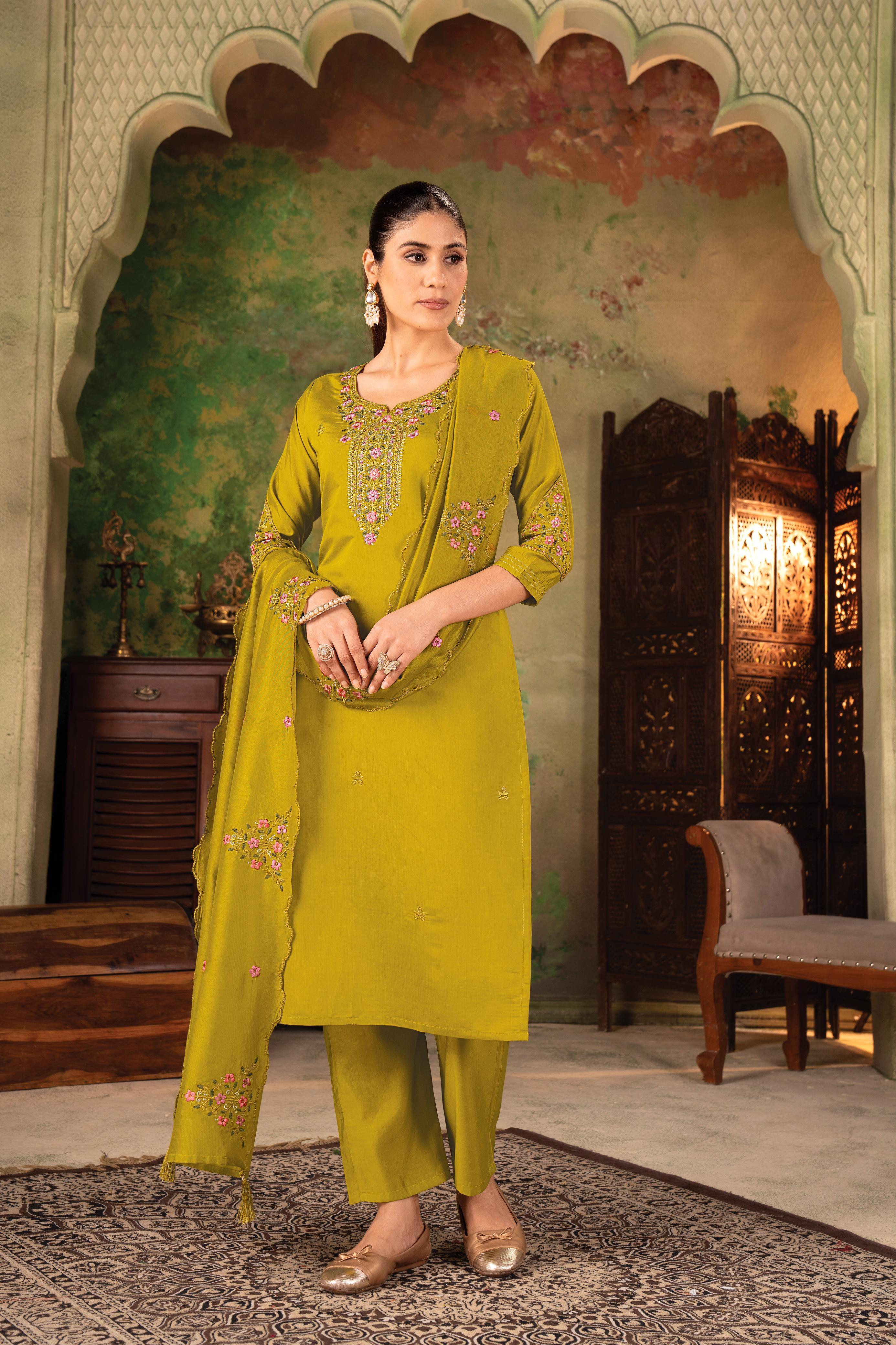 Premium Roman Silk Kurti Set with Chanderi Dupatta & Embroidery Work