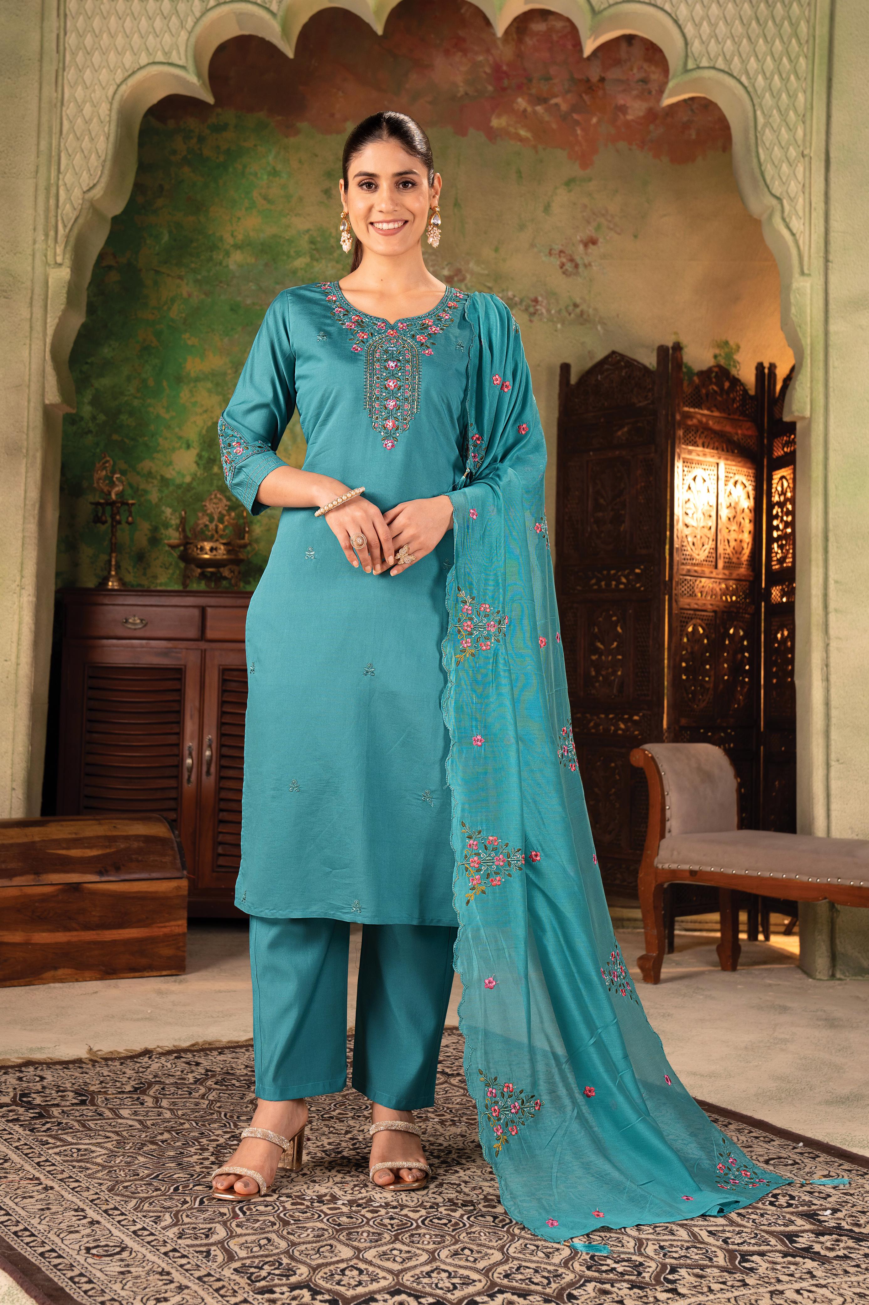 Premium Roman Silk Kurti Set with Chanderi Dupatta & Embroidery Work