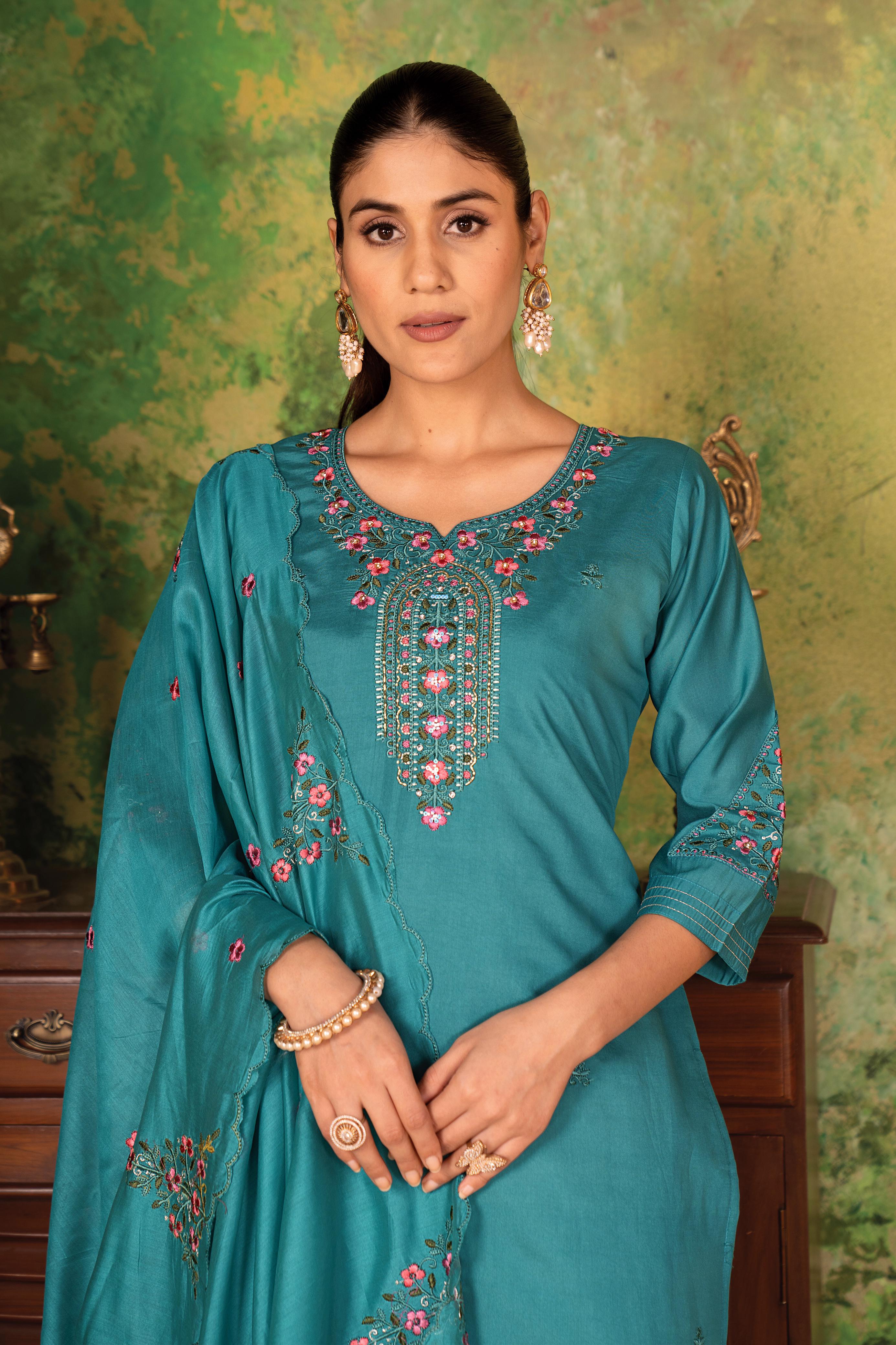 Premium Roman Silk Kurti Set with Chanderi Dupatta & Embroidery Work