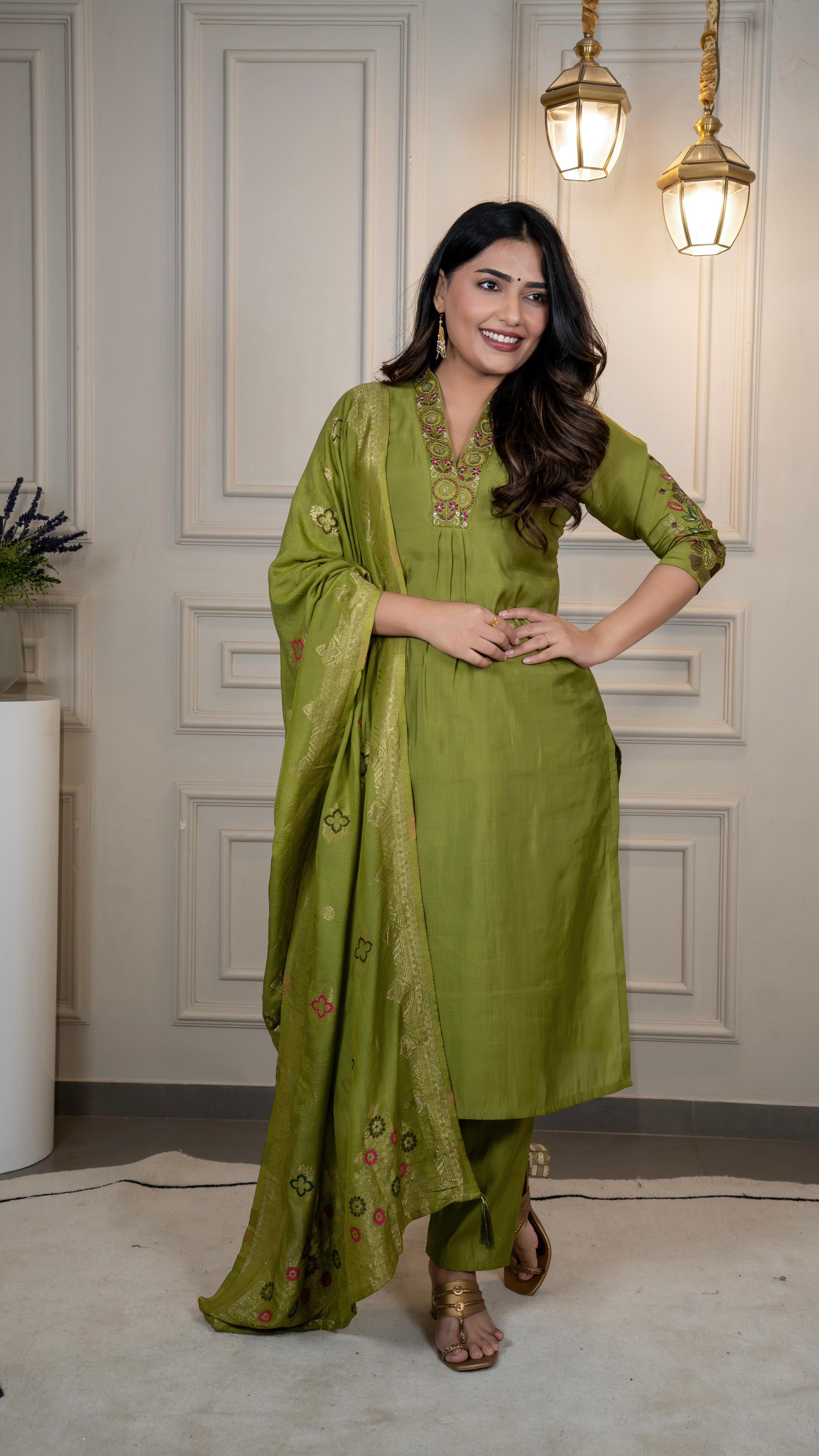 Premium Roman Silk Embroidered Suit Set
