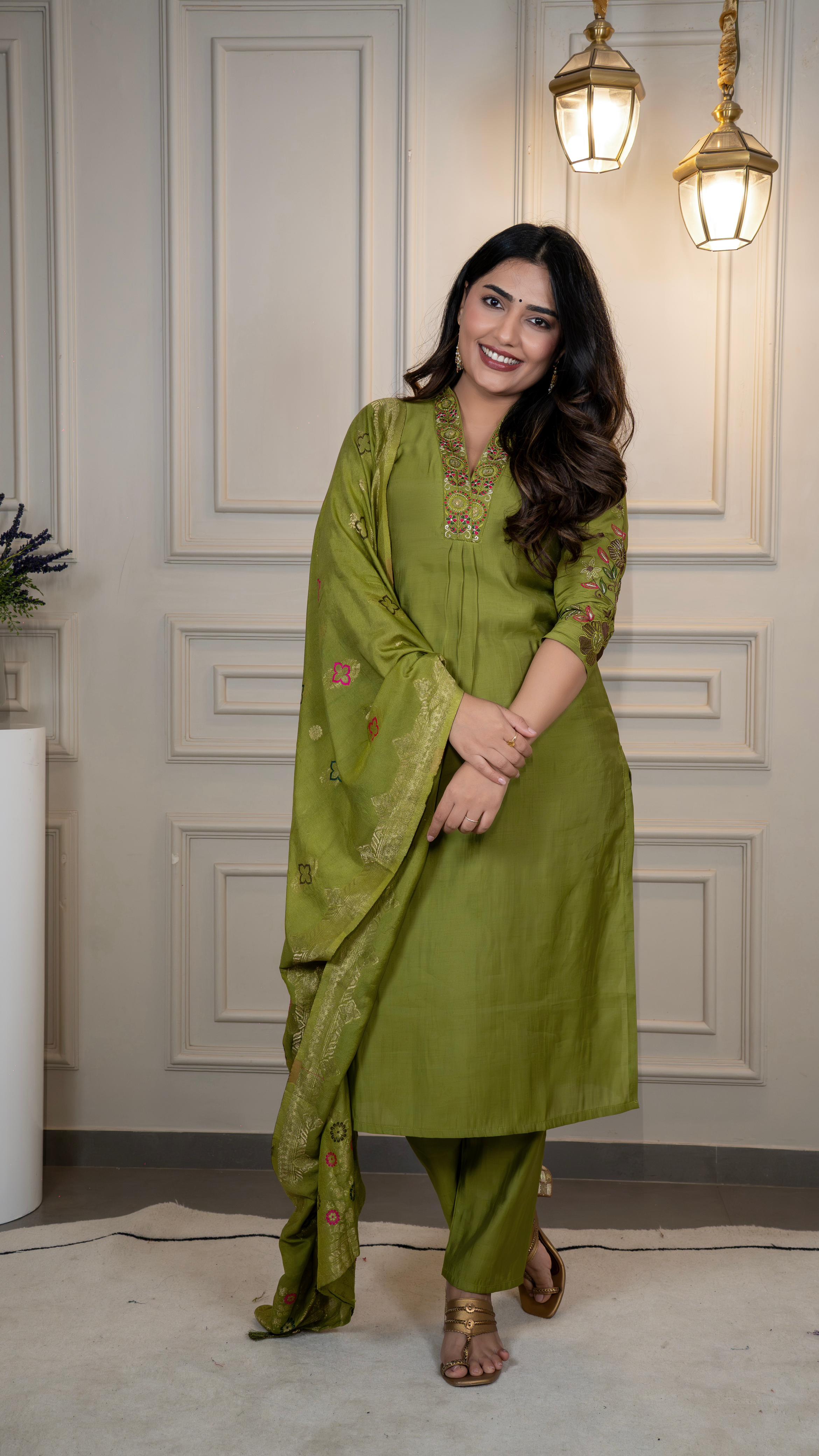 Premium Roman Silk Embroidered Suit Set