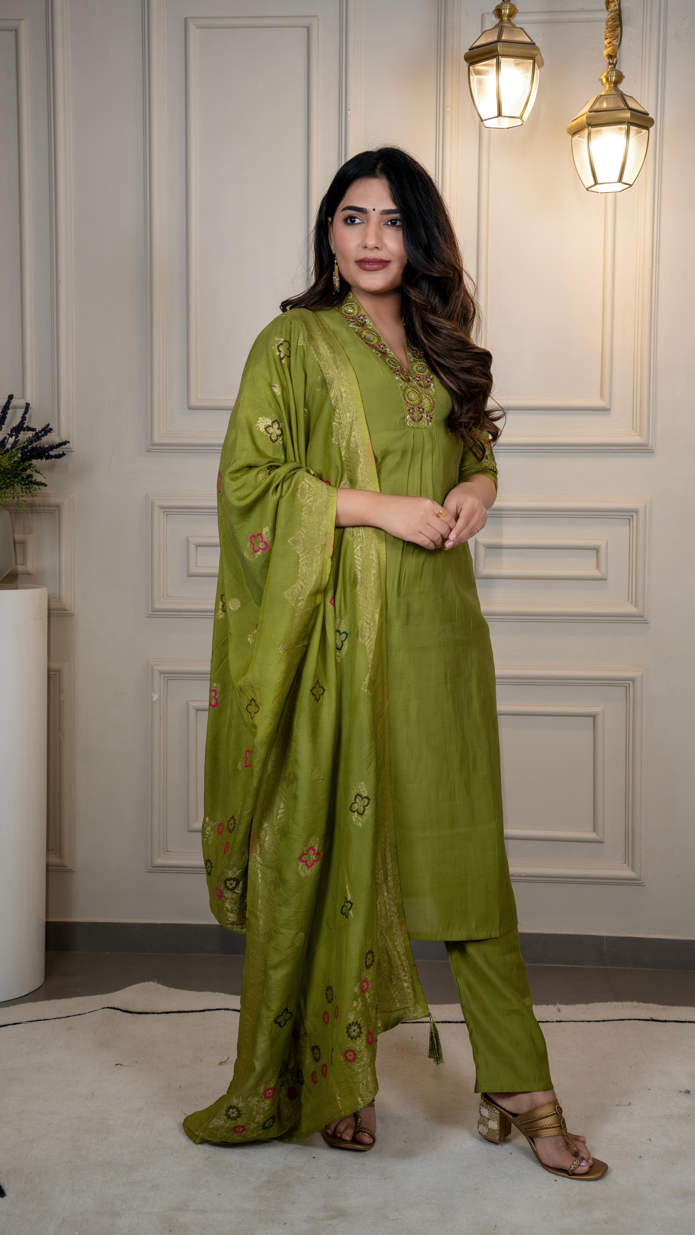 Premium Roman Silk Embroidered Suit Set