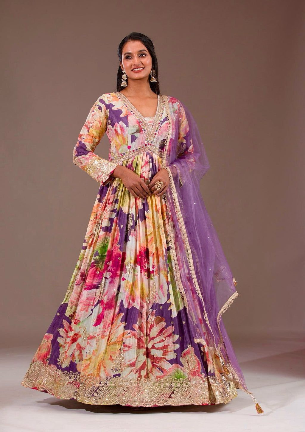 Beautiful Flower Print Anaraki Gown in Chinon Silk Fabric