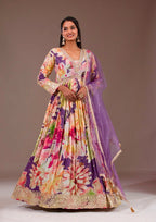 Beautiful Flower Print Anaraki Gown in Chinon Silk Fabric