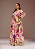 Beautiful Flower Print Anaraki Gown in Chinon Silk Fabric