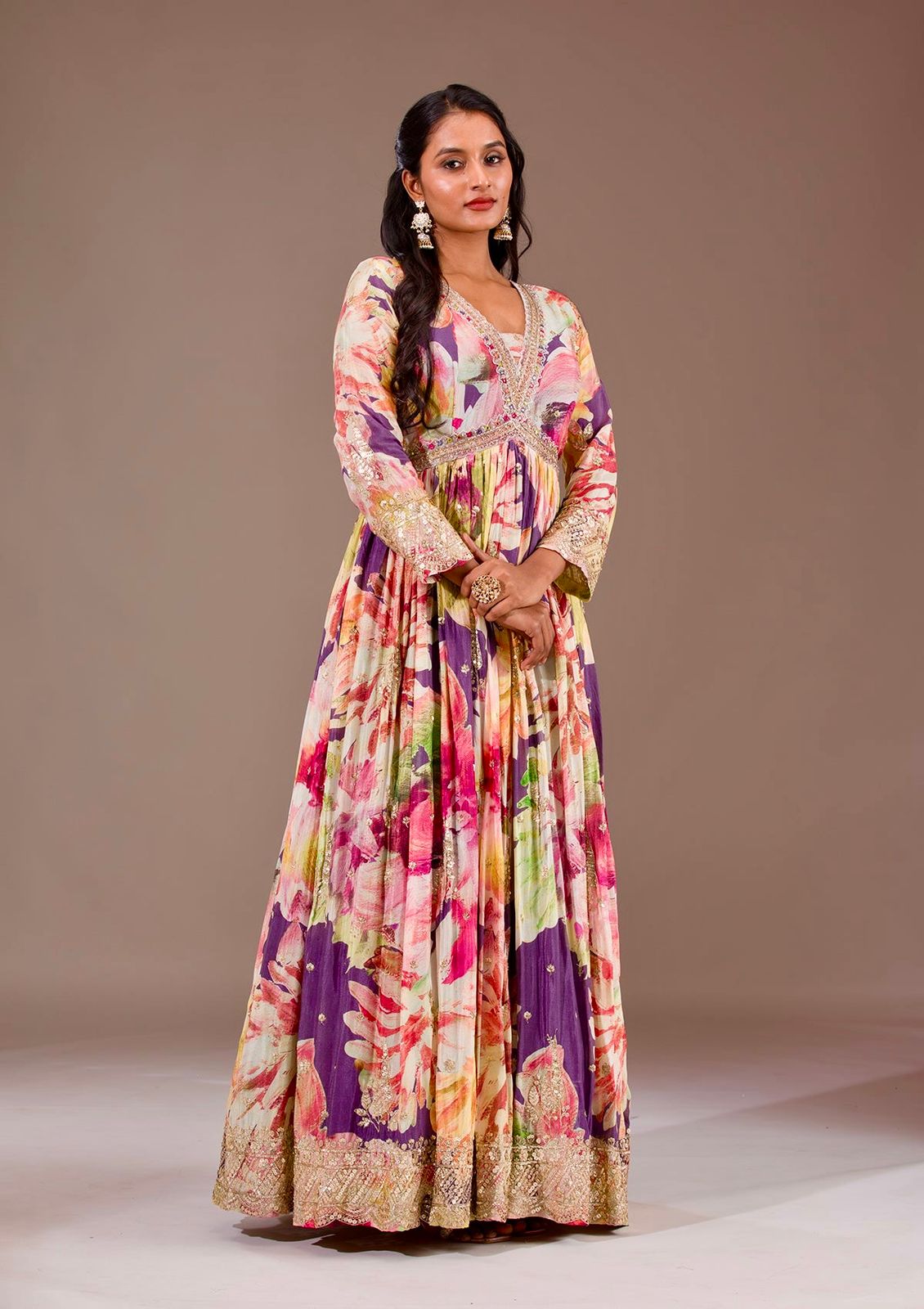 Beautiful Flower Print Anaraki Gown in Chinon Silk Fabric