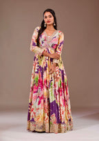 Beautiful Flower Print Anaraki Gown in Chinon Silk Fabric