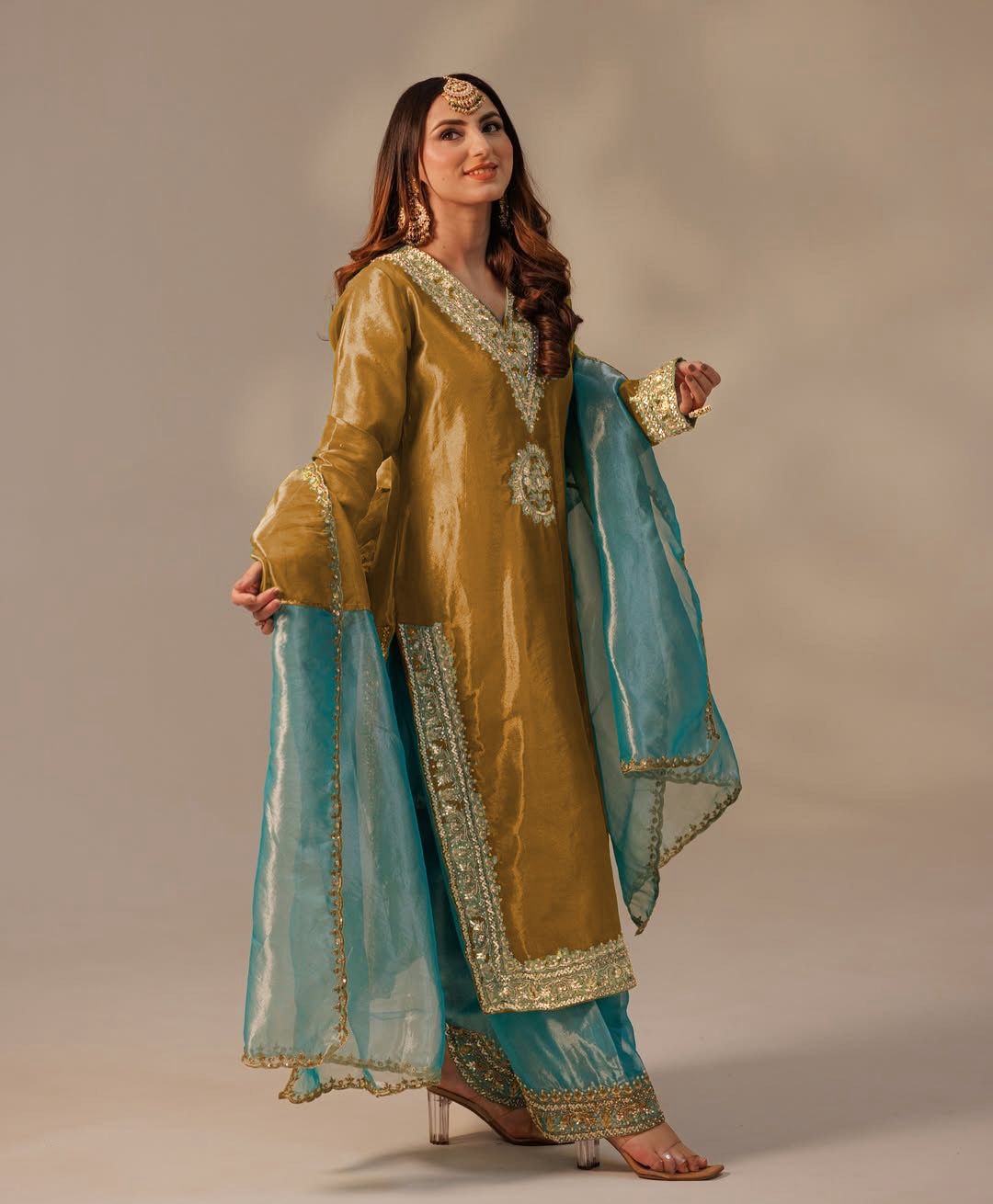 Soft Twill Net Silk Embroidered Plazzo Suit with Dupatta