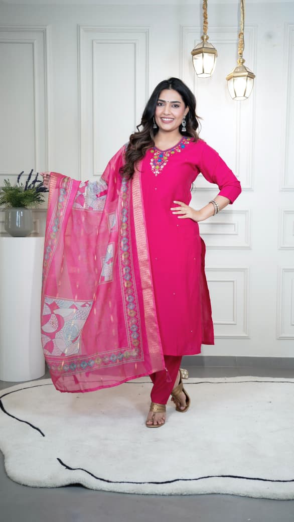 Premium Roman Silk Pink Suit with Dupatta