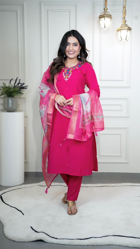 Premium Roman Silk Pink Suit with Dupatta