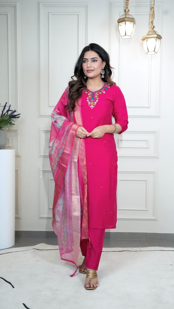 Premium Roman Silk Pink Suit with Dupatta