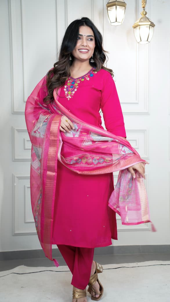 Premium Roman Silk Pink Suit with Dupatta