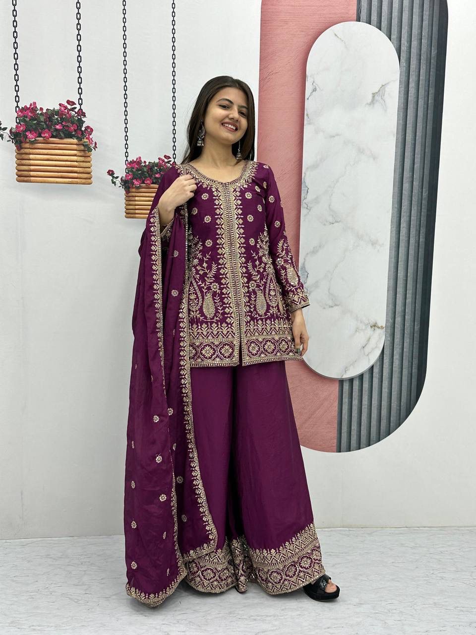 Embroidered Top & Plazzo Set with Dupatta