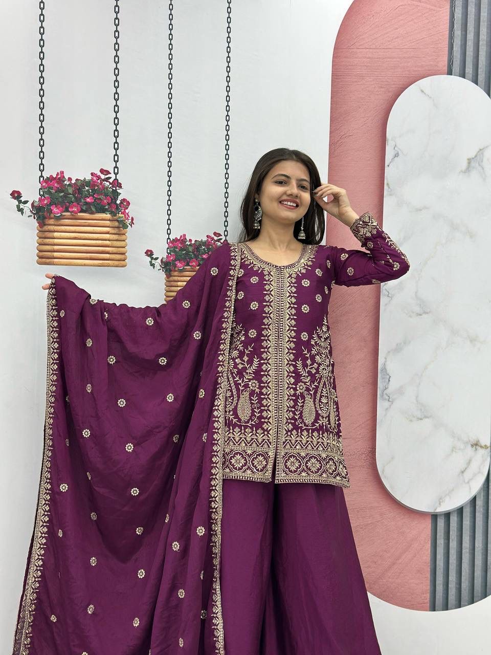 Embroidered Top & Plazzo Set with Dupatta