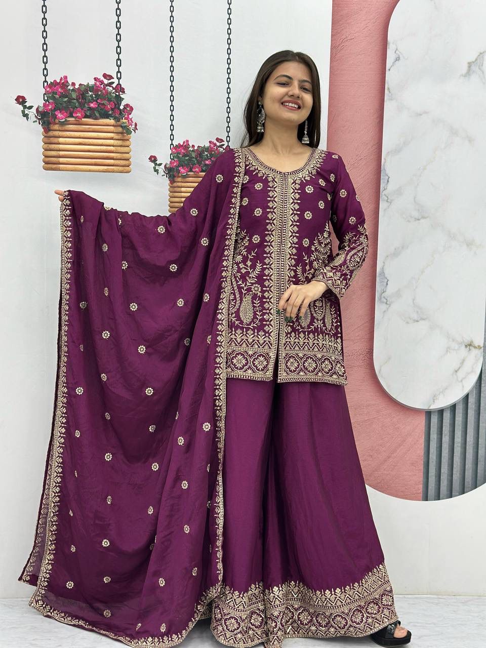 Embroidered Top & Plazzo Set with Dupatta