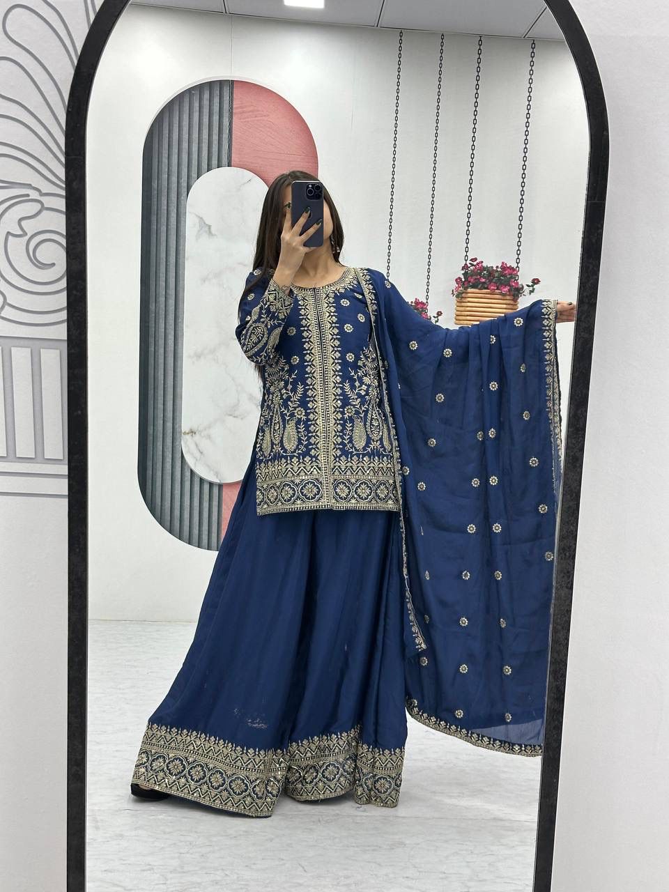 Embroidered Top & Plazzo Set with Dupatta
