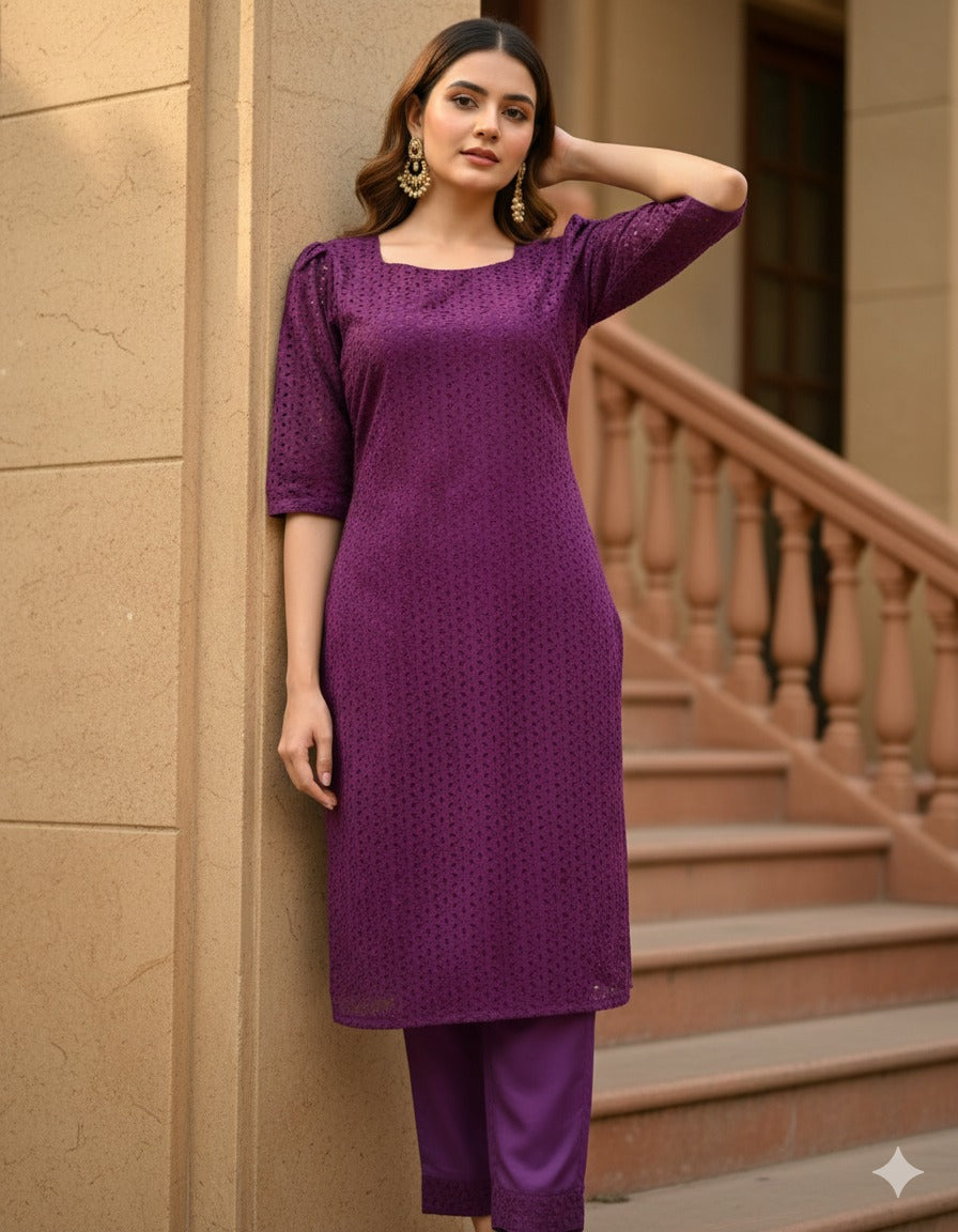 Cotton Hakoba Puff Sleeve Sweetheart Neck Top with Bottom Set