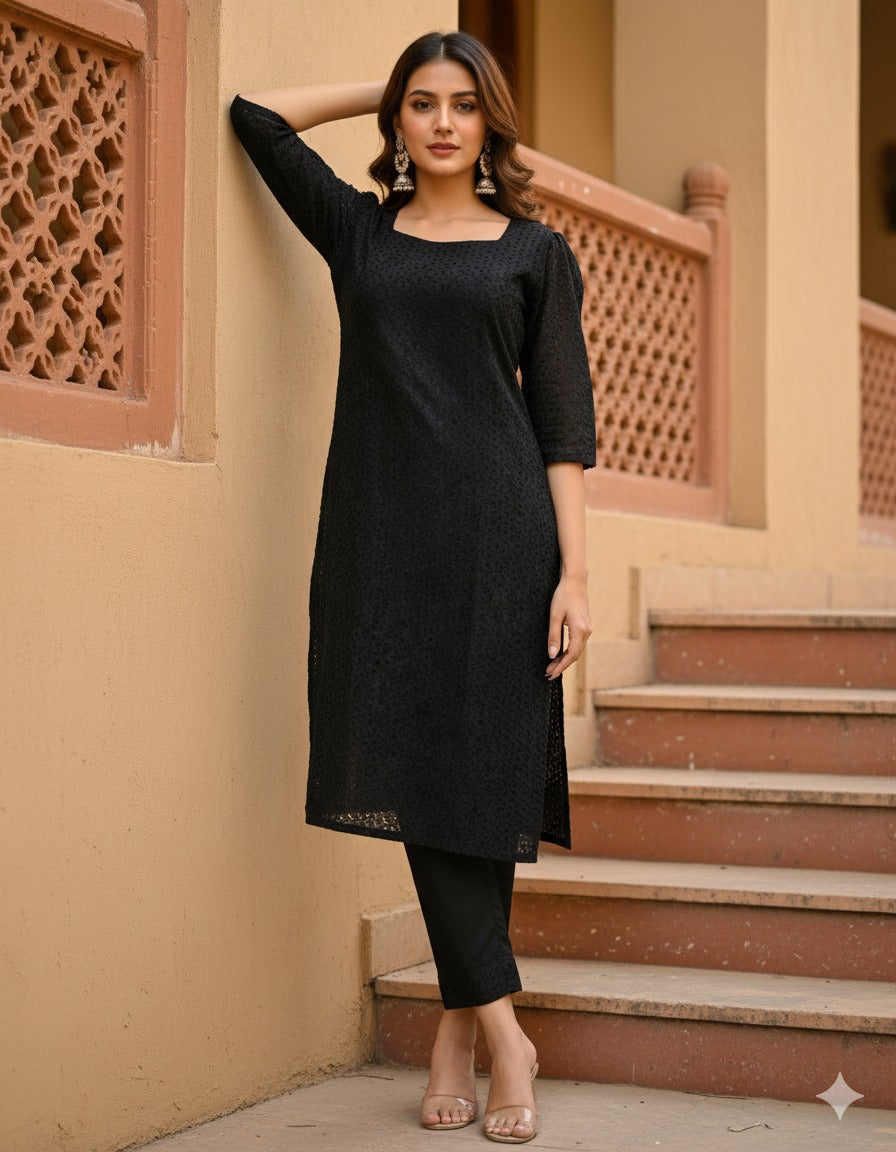 Cotton Hakoba Puff Sleeve Sweetheart Neck Top with Bottom Set
