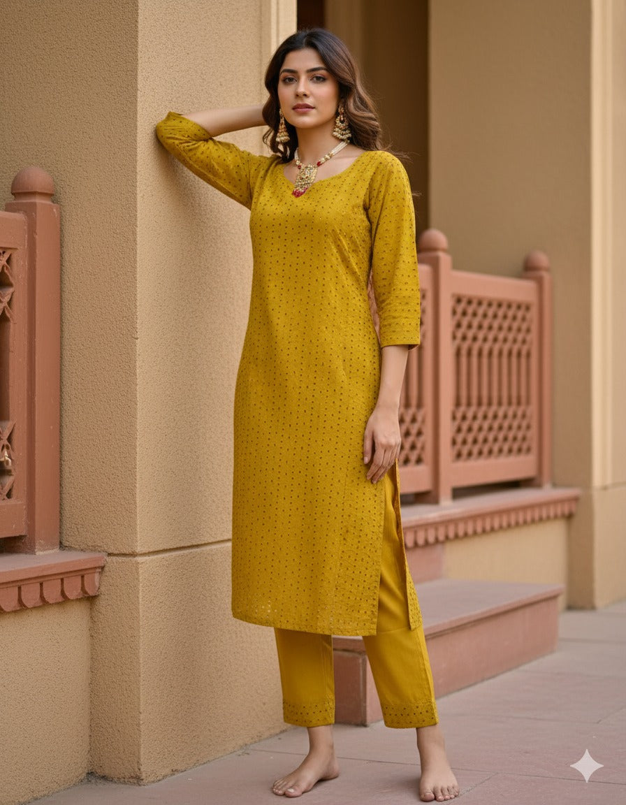Cotton Hakoba Puff Sleeve Sweetheart Neck Top with Bottom Set
