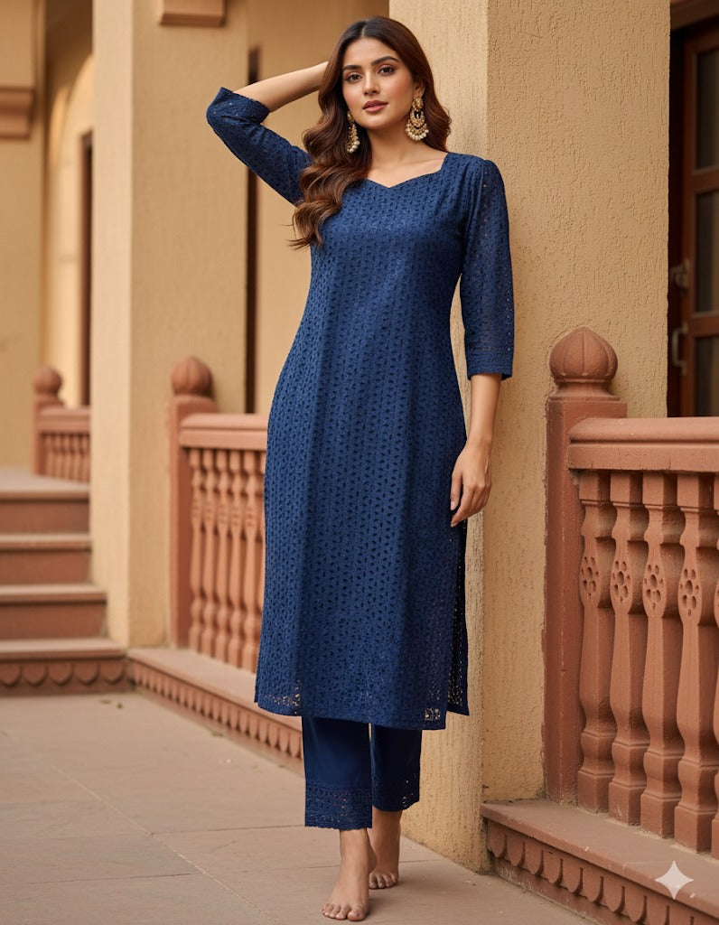 Cotton Hakoba Puff Sleeve Sweetheart Neck Top with Bottom Set