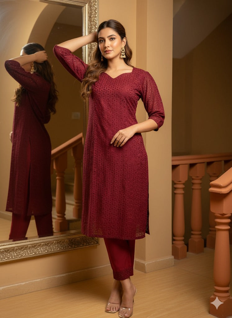 Cotton Hakoba Puff Sleeve Sweetheart Neck Top with Bottom Set