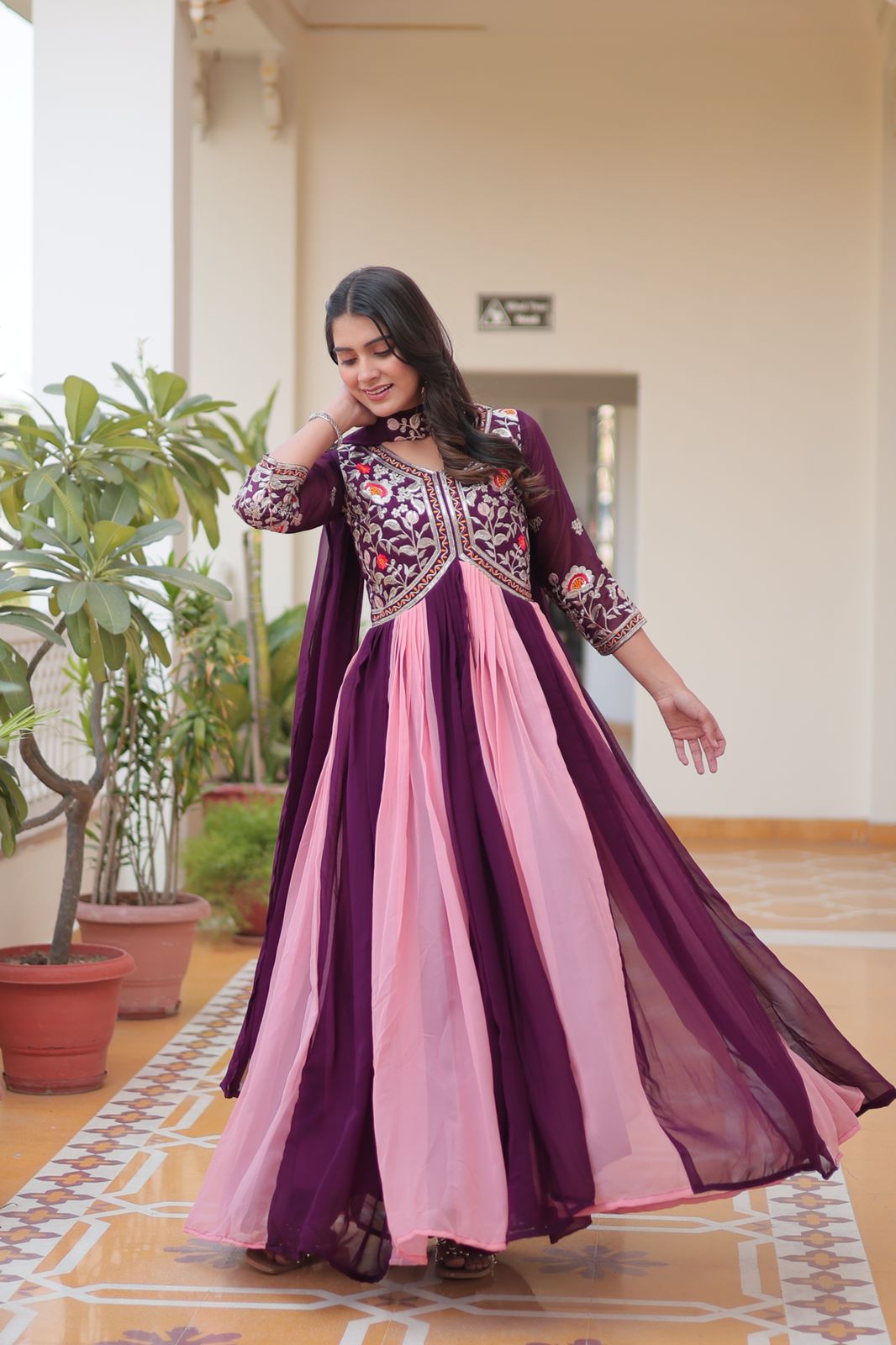 Embroidered Faux Georgette Anarkali Gown with Dupatta