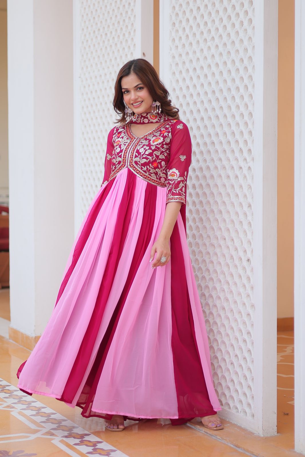 Embroidered Faux Georgette Anarkali Gown with Dupatta