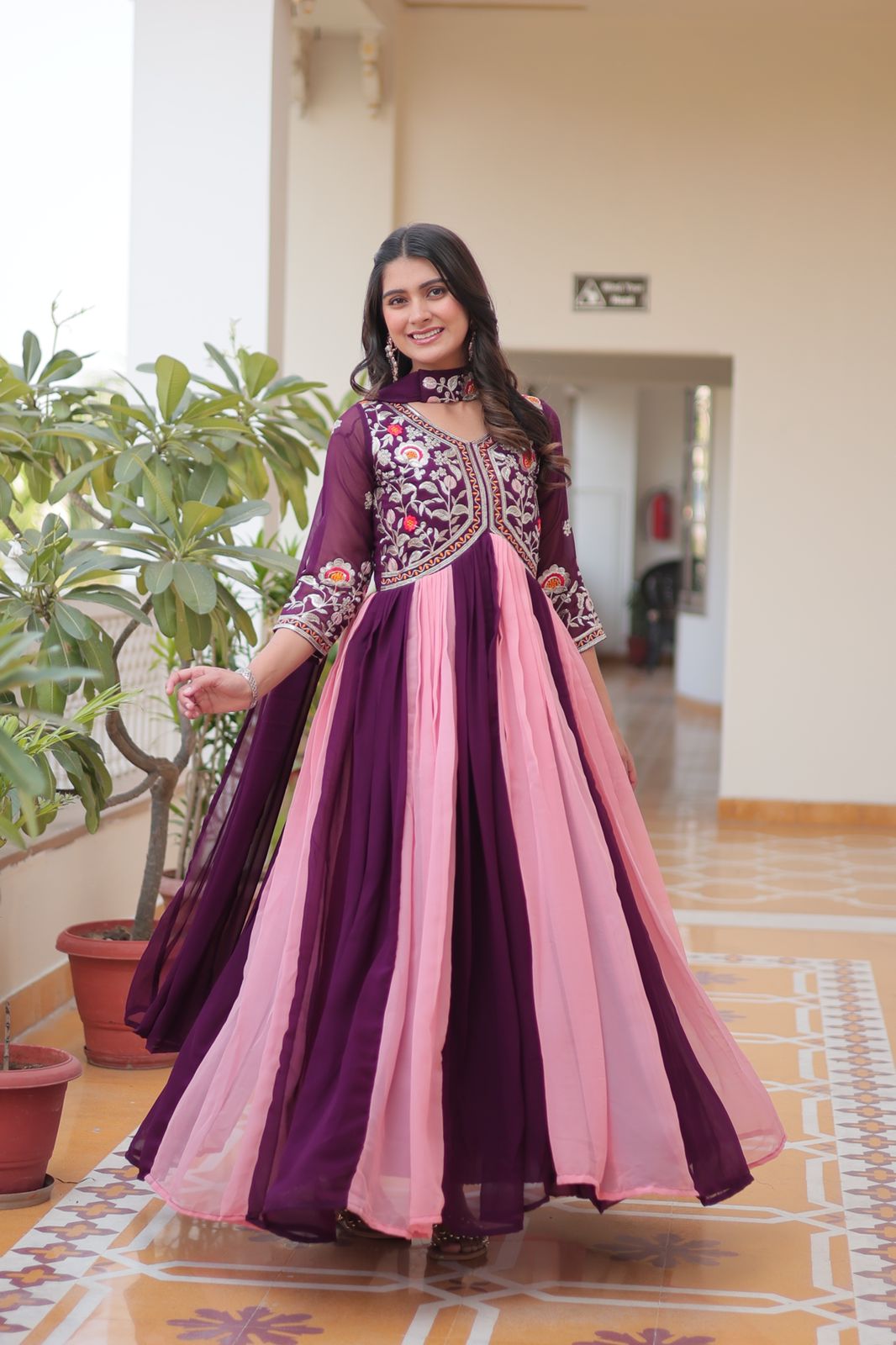 Embroidered Faux Georgette Anarkali Gown with Dupatta