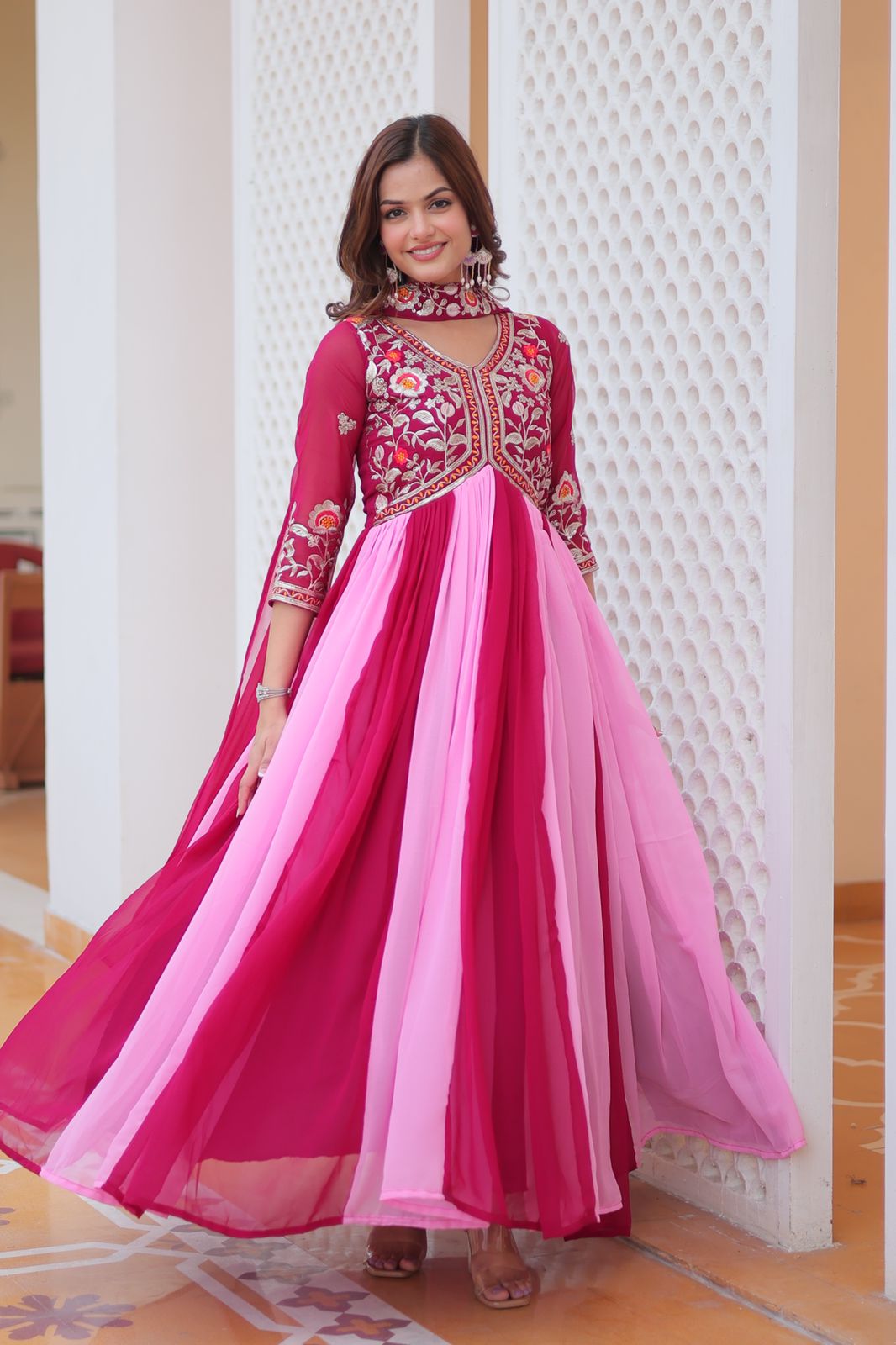 Embroidered Faux Georgette Anarkali Gown with Dupatta