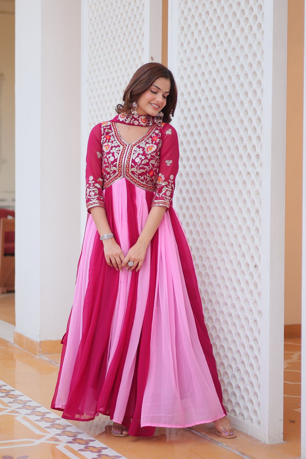 Embroidered Faux Georgette Anarkali Gown with Dupatta