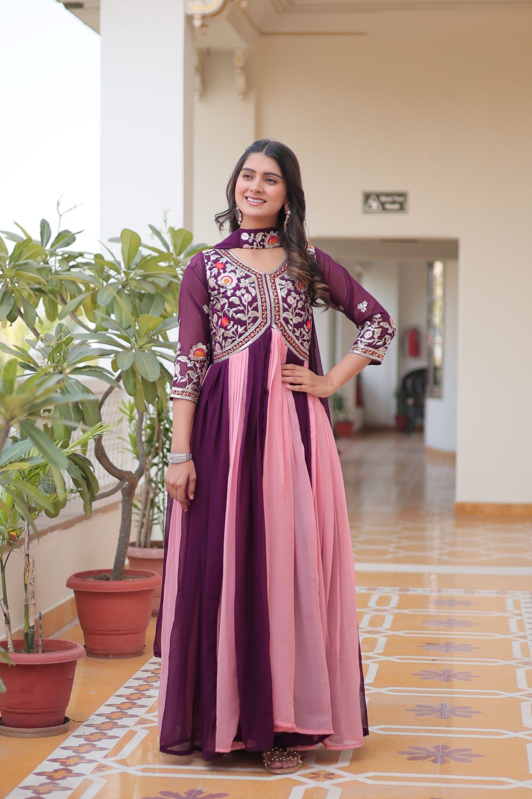Embroidered Faux Georgette Anarkali Gown with Dupatta