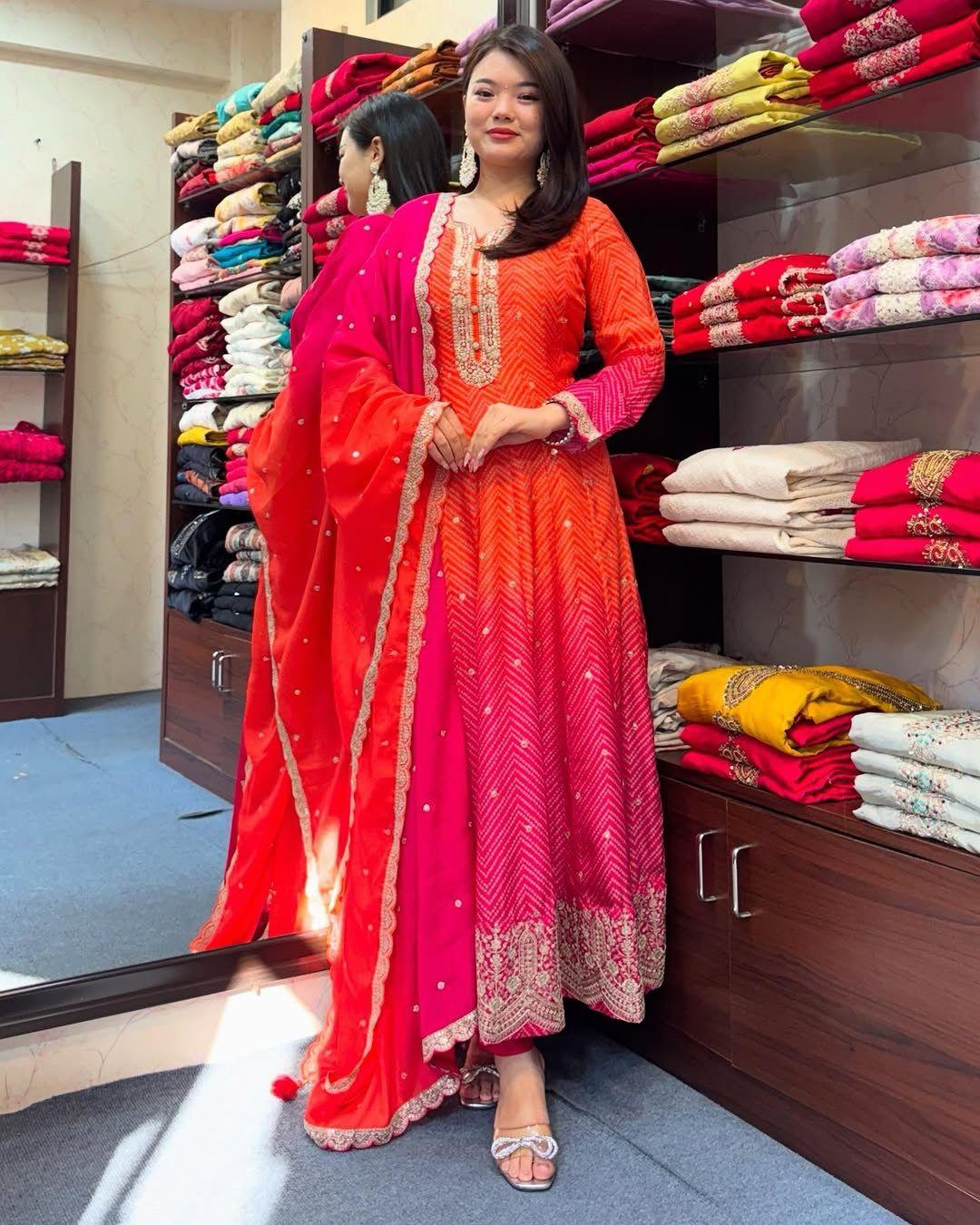 Chinon Embroidered Kurta Set with Dupatta and Bottom