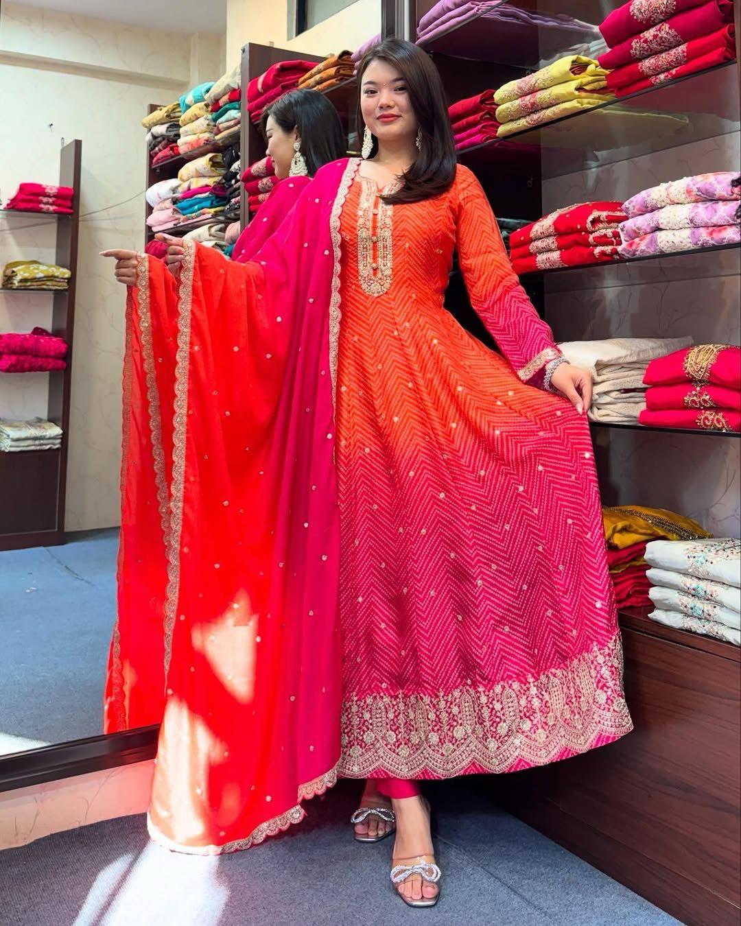 Chinon Embroidered Kurta Set with Dupatta and Bottom