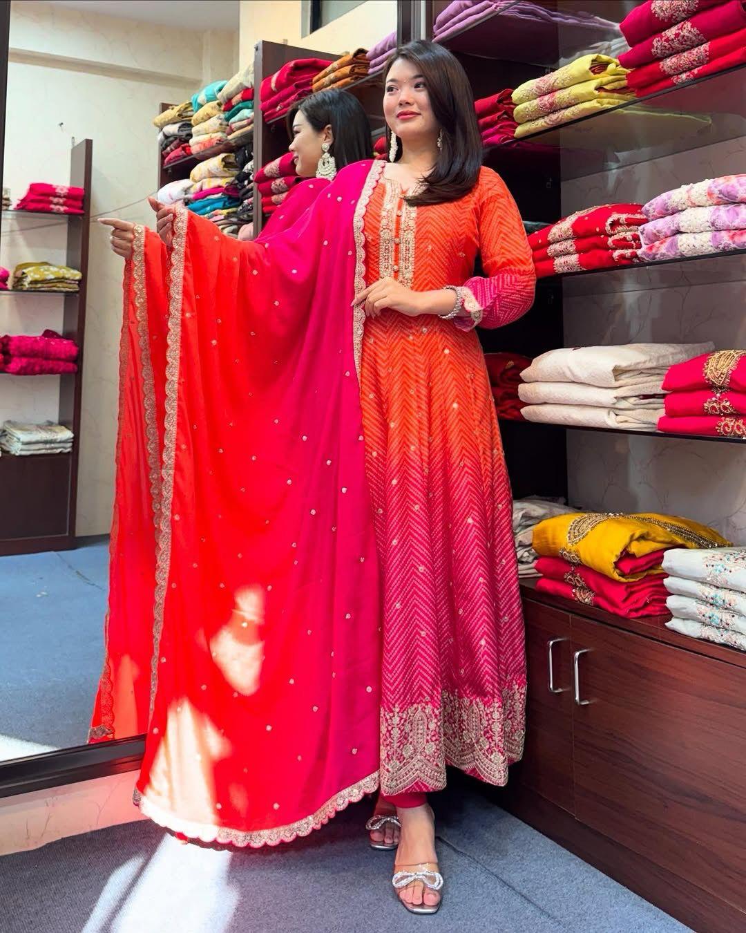 Chinon Embroidered Kurta Set with Dupatta and Bottom