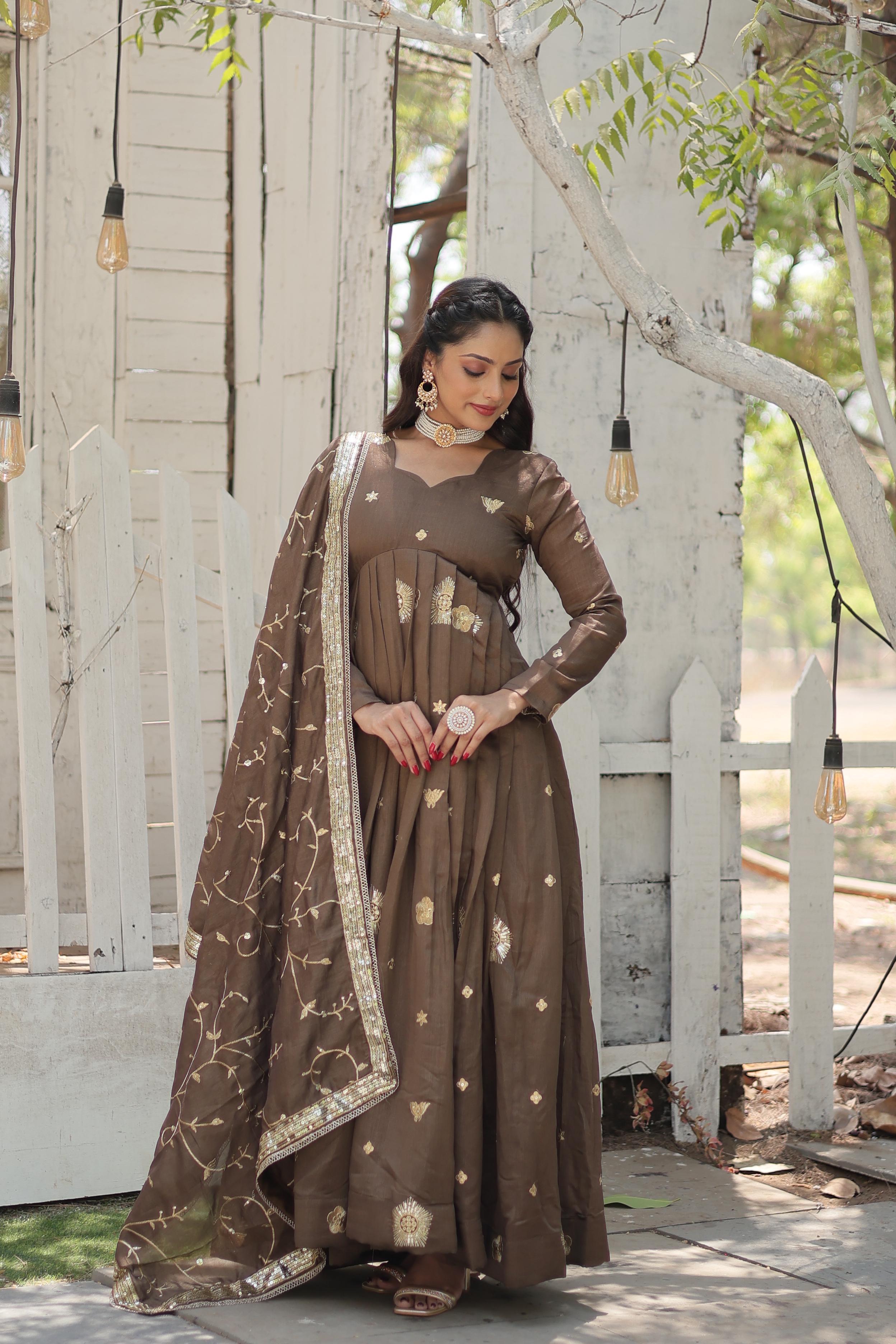 Beige Sequin Embroidered Art Silk Gown With Dupatta