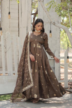 Beige Sequin Embroidered Art Silk Gown With Dupatta