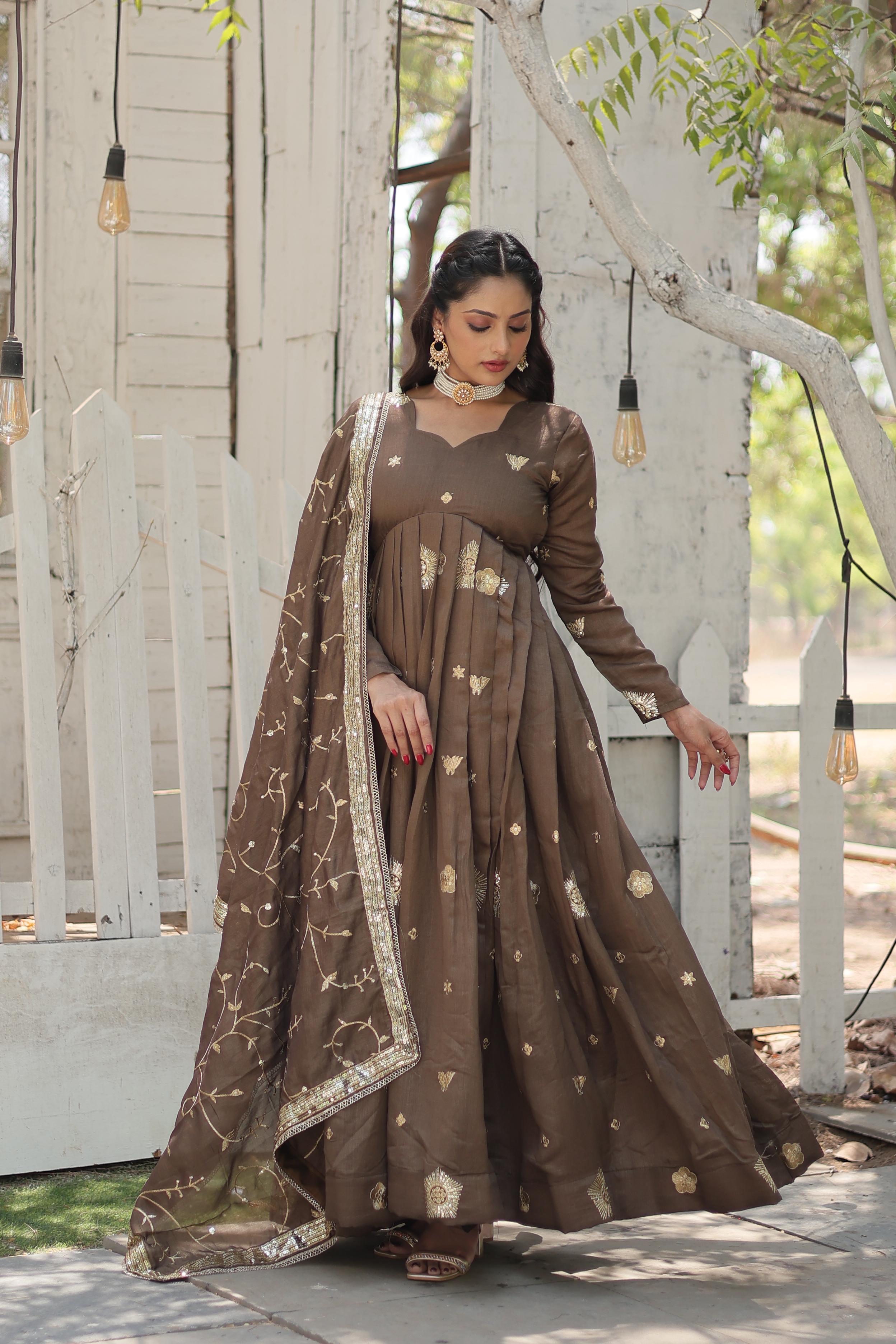 Beige Sequin Embroidered Art Silk Gown With Dupatta